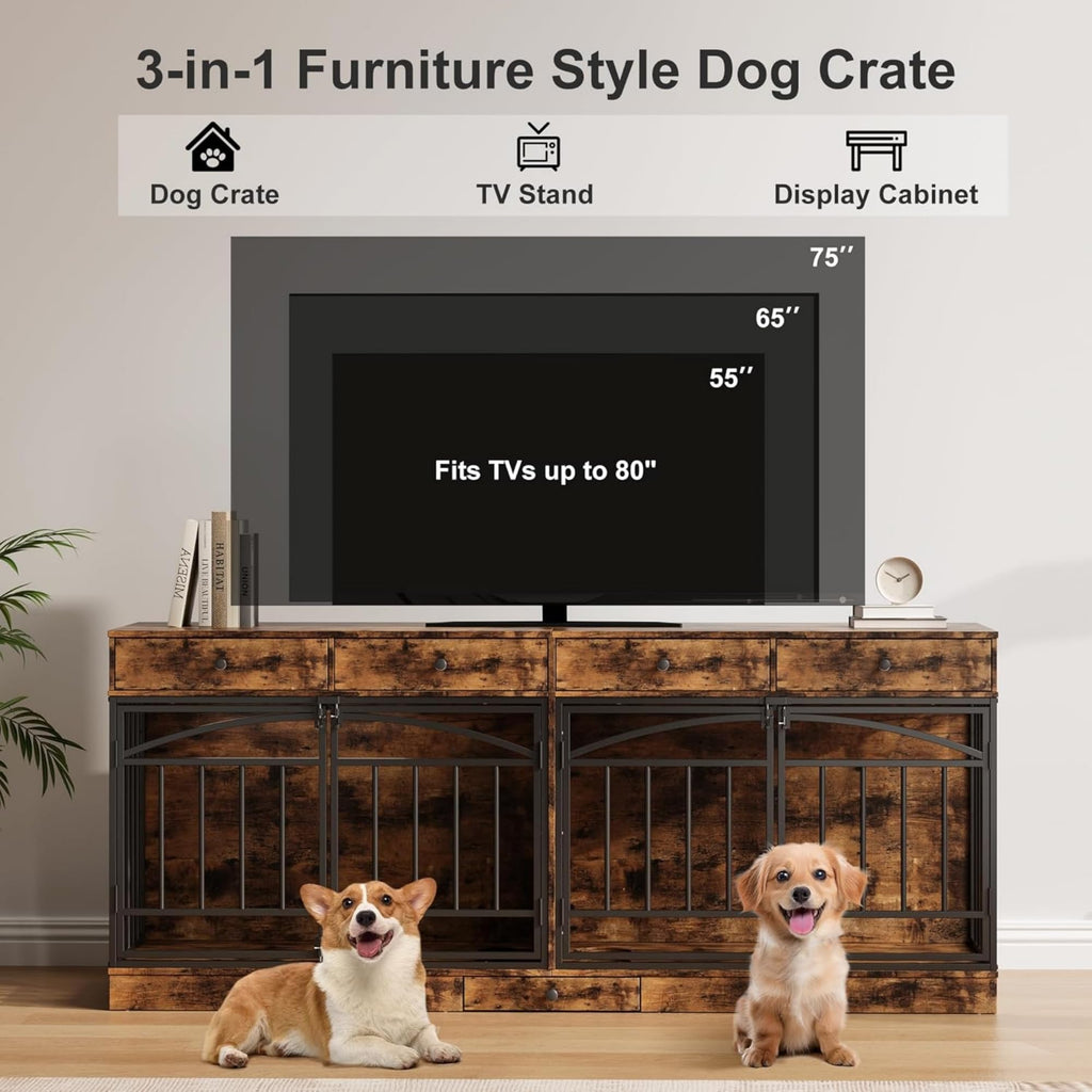 Garvee 78.7" Double Dog Crate Furniture with Storage and 4 Doors, Dog Kennel Indoor with Feeding Bowls, Wood Dog Crate TV Stand for Small Medium Dogs, Brown