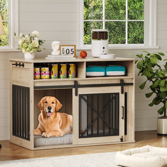 Garvee 44.5 Inch Large Dog Crate Furniture with 2 Storage Self, Wooden Dog Kennel Furniture As End Table, Decorative Pet Cage Dog House Indoor for Medium/Large Dogs, Chew-Proof, Gray