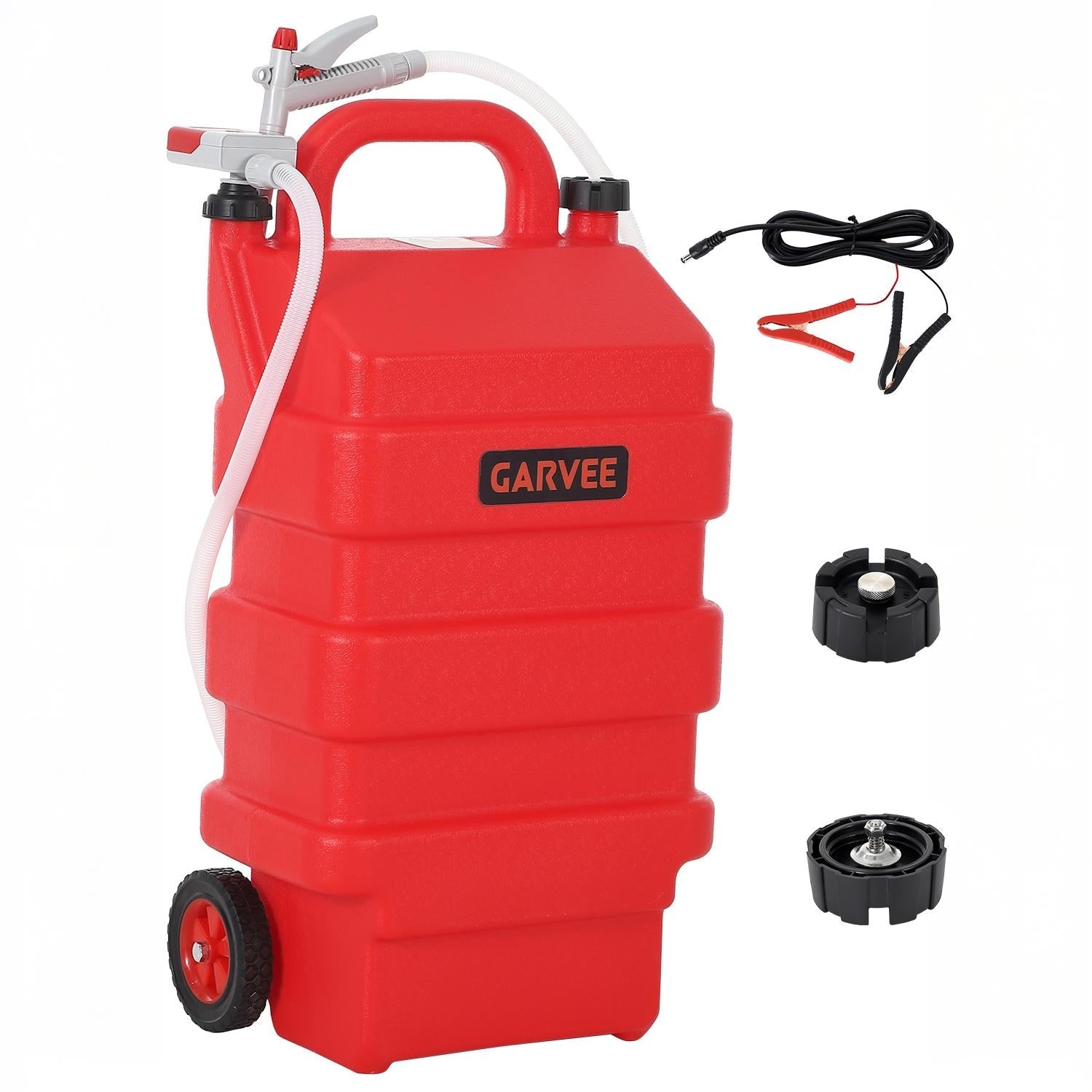 Garvee 16 Gallon Portable Fuel Caddy Tank with 12V/4AA Battery Powered 3.8 GPM Transfer Pump – HDPE Gasoline & fuel injection system Storage – Heavy Duty Wheels – For Workshop Use, Color: Red