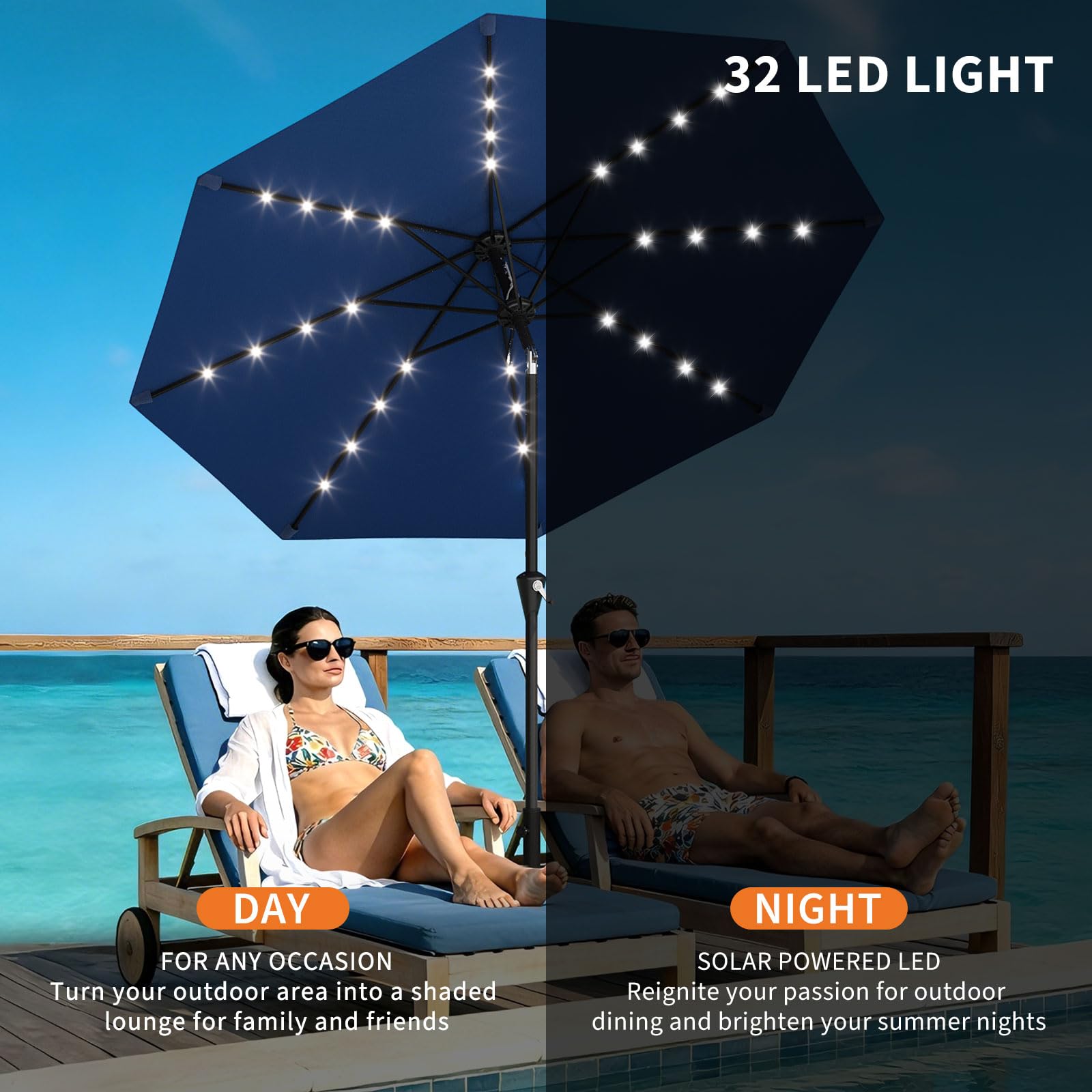 Garvee 10 ft Solar Patio Umbrella with 32 LED Lights, Outdoor Market Umbrella with Crank Lift & Tilt, UV-Resistant Canopy for Pool, Garden & Backyard, Navy Blue