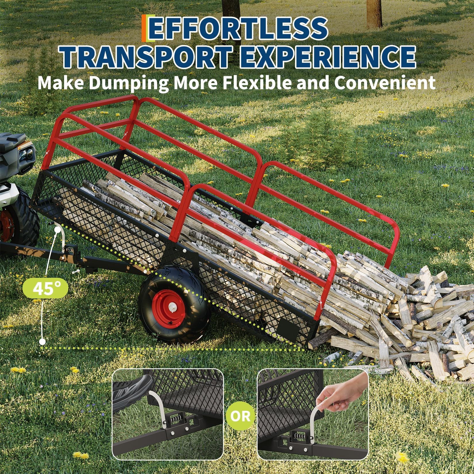 Garvee Tow Behind Dump Cart, 1600 lbs 22 Cu Ft Heavy Duty Steel ATV UTV Garden Trailer with Removable Sides, 45° Quick Dump & 16 in All-Terrain Tires for Lawn Mower, Tractor & Yard Work