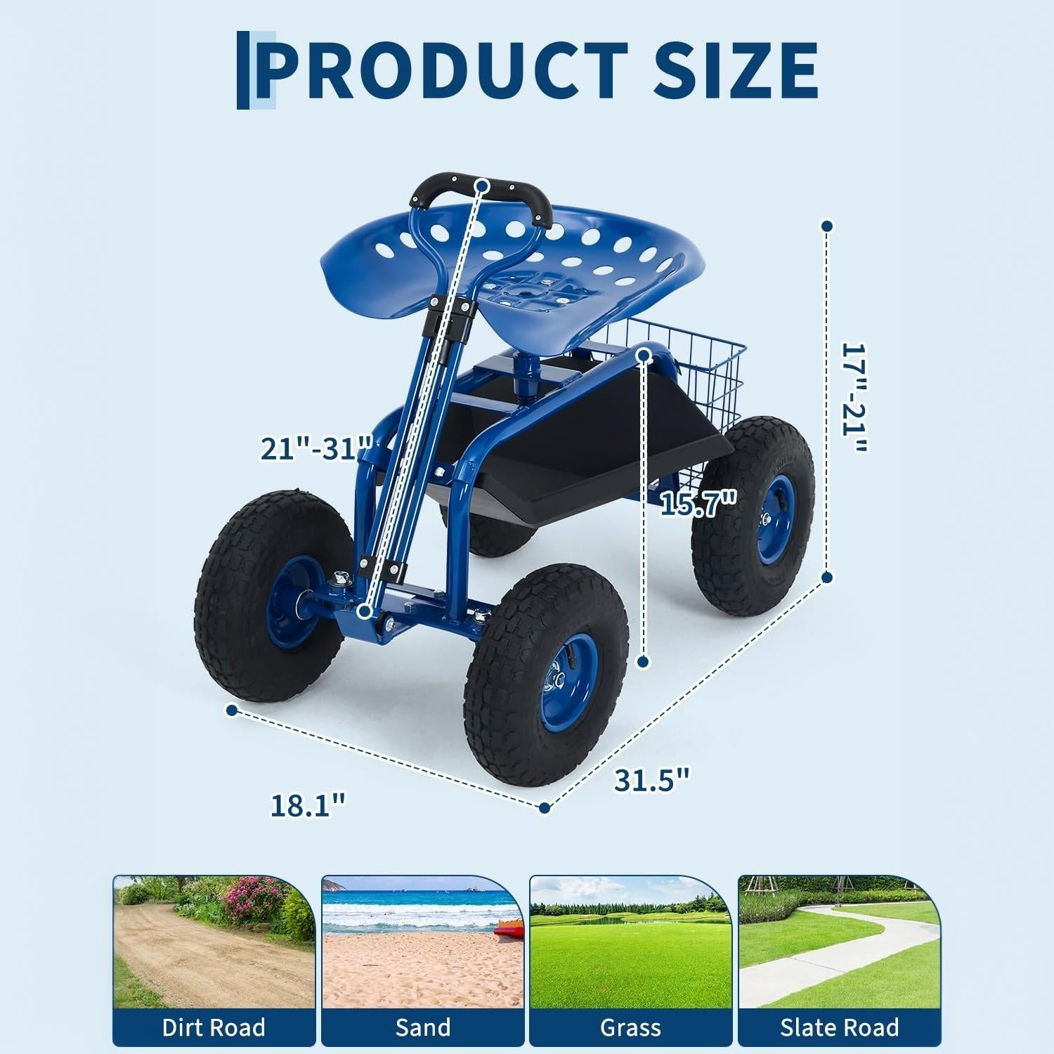 Garvee Blue Rolling Garden Work Seat with Wheels, 360° Swivel Gardening Cart with Extendable Steering Handle, Tool Tray, Storage Basket & 10" Inflatable Tires, 400 lb Capacity Garden Scooter for Yard, Patio & Outdoor Use