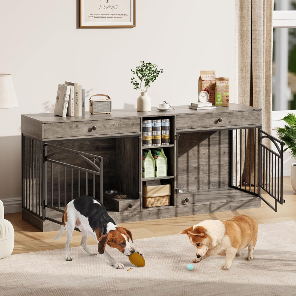 Garvee Dog Crate Furniture for 2 Dogs, 78.7" Large Dog Kennel Indoor with 2 Storage Drawers, 3 Shelves and Feeding Bowls, Double Dog Crate TV Stand for Small and Medium Dogs, Gray