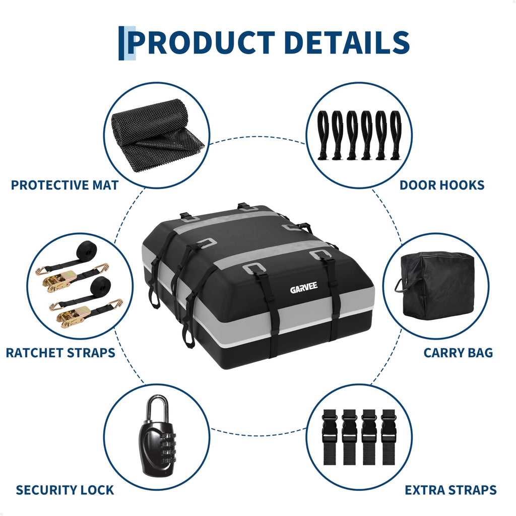 Garvee Waterproof Car Rooftop Cargo Carrier Bag 21 Cubic Feet – Heavy-Duty Soft Shell Roof Luggage Storage for All Vehicles – Includes Password Lock, 6 Door Hooks, 2 Ratchet Straps, Anti-Slip Mat – Size 132x100x45cm – Color: 21CUFT, Mat: 130x100cm,
