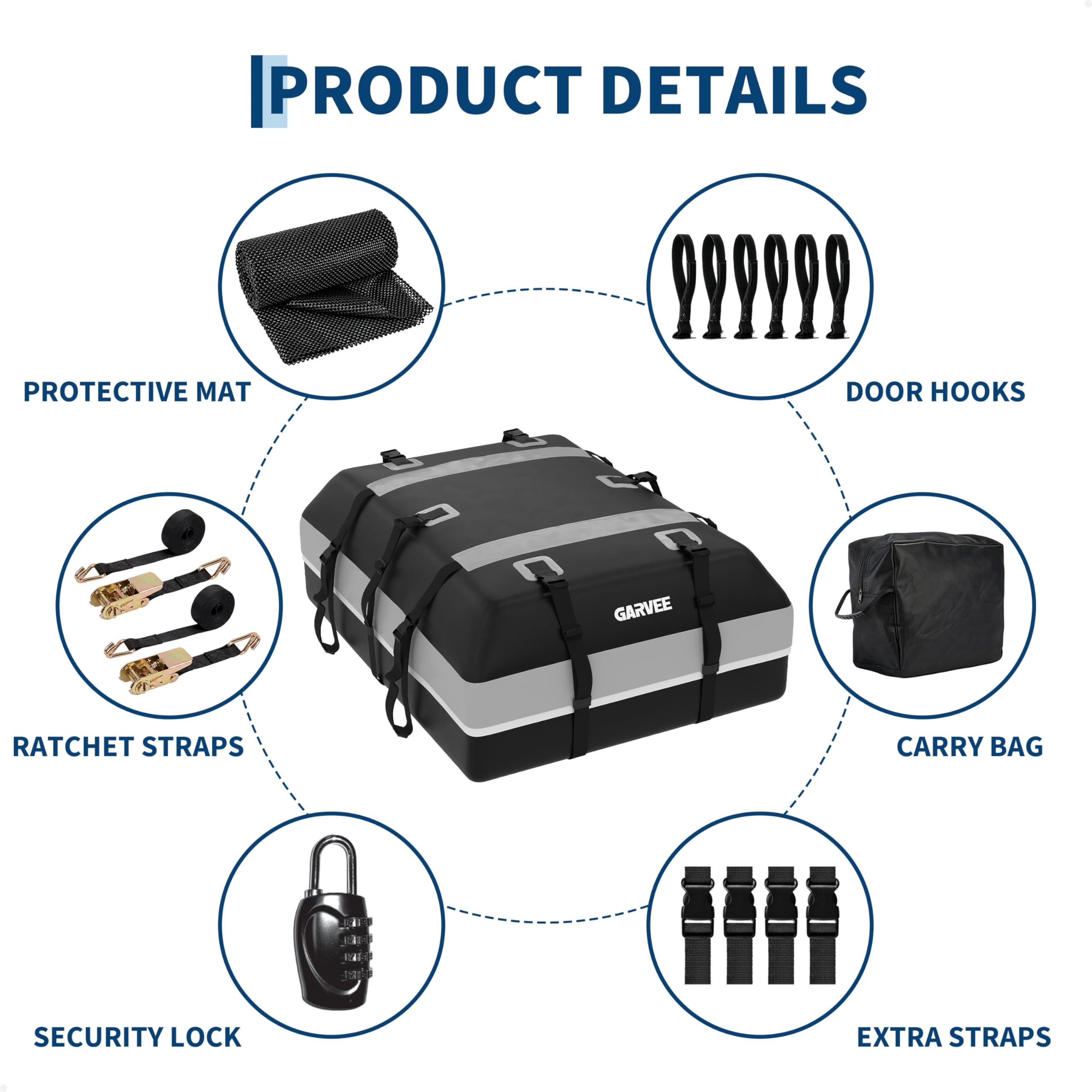 Garvee Waterproof Car Rooftop Cargo Carrier Bag 21 Cubic Feet – Heavy-Duty Soft Shell Roof Luggage Storage for All Vehicles – Includes Password Lock, 6 Door Hooks, 2 Ratchet Straps, Anti-Slip Mat – Size 132x100x45cm – Color: 21CUFT, Mat: 130x100cm,