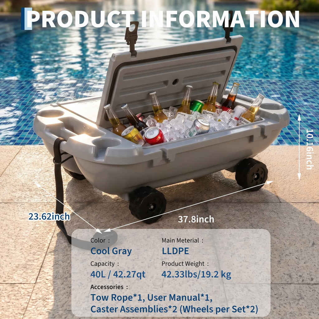 Garvee 40L Floating Cooler with Wheels, 42.5QT Rotomolded All-Terrain Ice Chest with Tow Rope & 4 Cup Holders, Drift Mobile Beverage Cooler for River, Pool, Beach, Kayak, Cool Gray