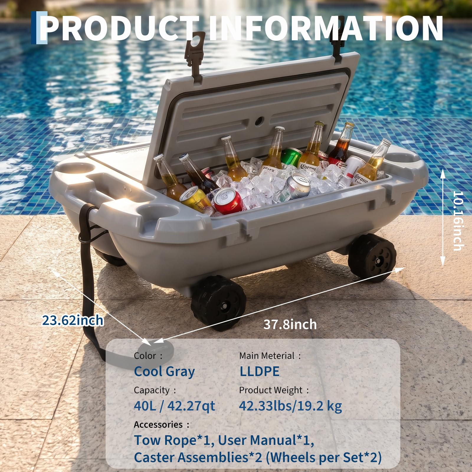 Garvee 40L Floating Cooler with Wheels, 42.5QT Rotomolded All-Terrain Ice Chest with Tow Rope & 4 Cup Holders, Drift Mobile Beverage Cooler for River, Pool, Beach, Kayak, Cool Gray