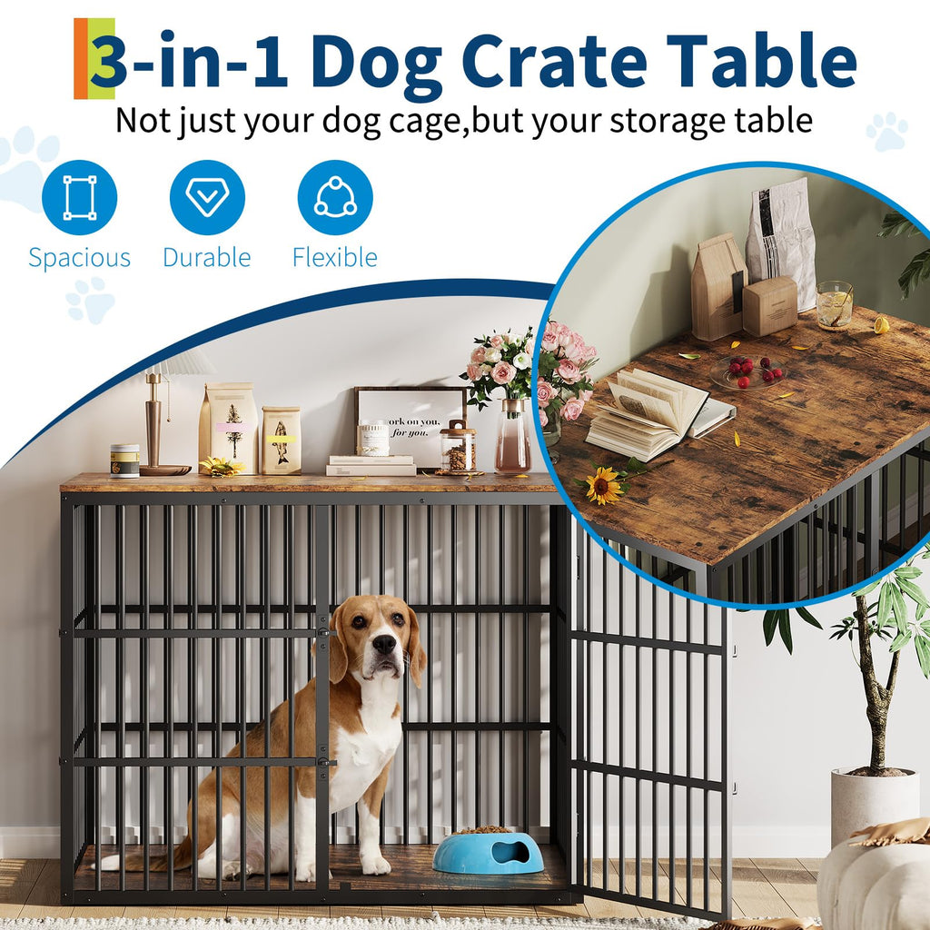 Garvee 47" Dog Crate Furniture, 3-In-1 Wooden Dog Kennel with 3 Lockable Doors, Heavy Duty Metal Frame & Sturdy Panels, Large End Table for Medium to Large Breeds, Brown & Black