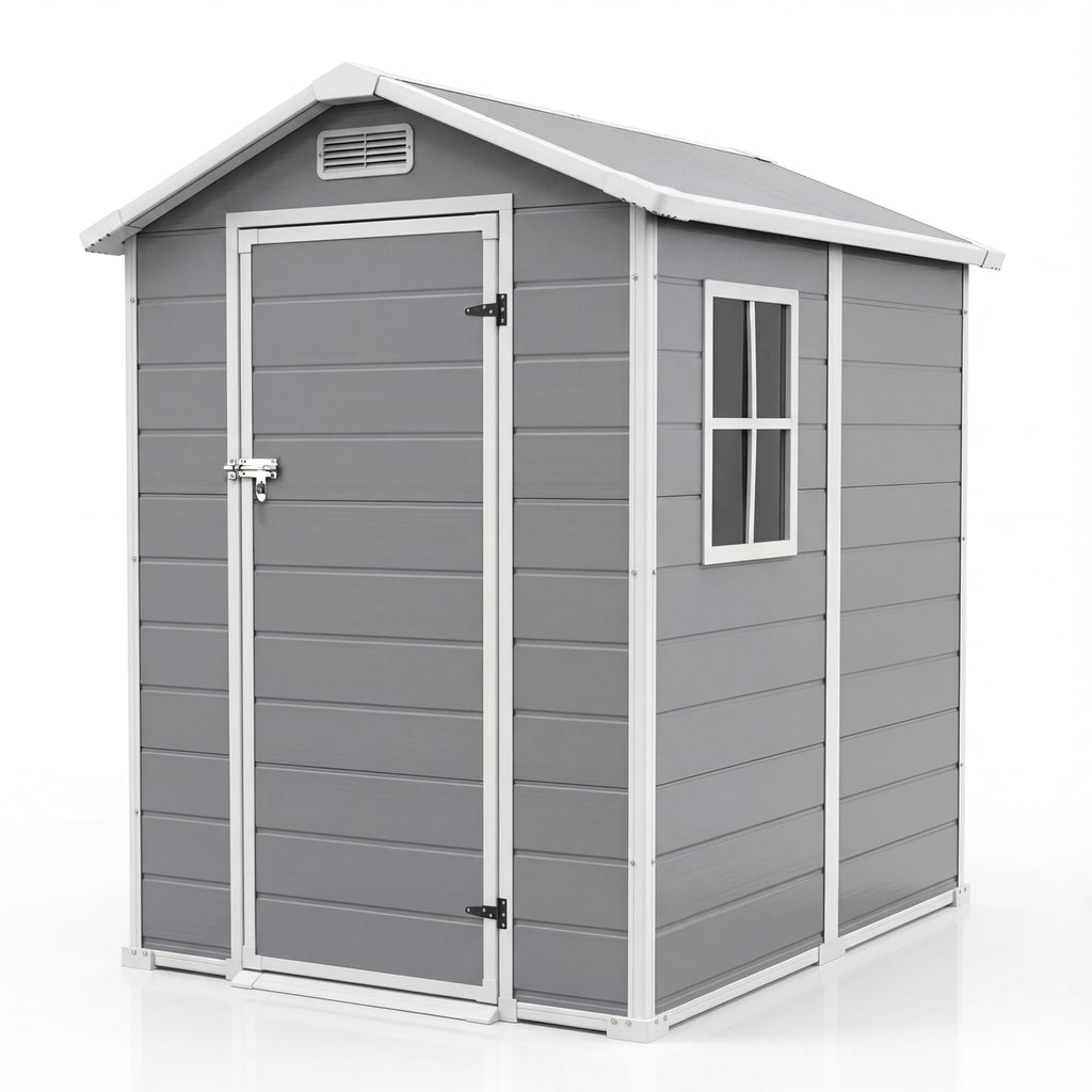 Garvee Durable Waterproof Resin Outdoor Storage Outdoor Storage with Floor – 4x6 FT, Window, Sloped Roof, Lockable Door, Easy Assembly – Perfect for Patio, Backyard, Lawn Mower, Bike & Tool Storage – Light Gray