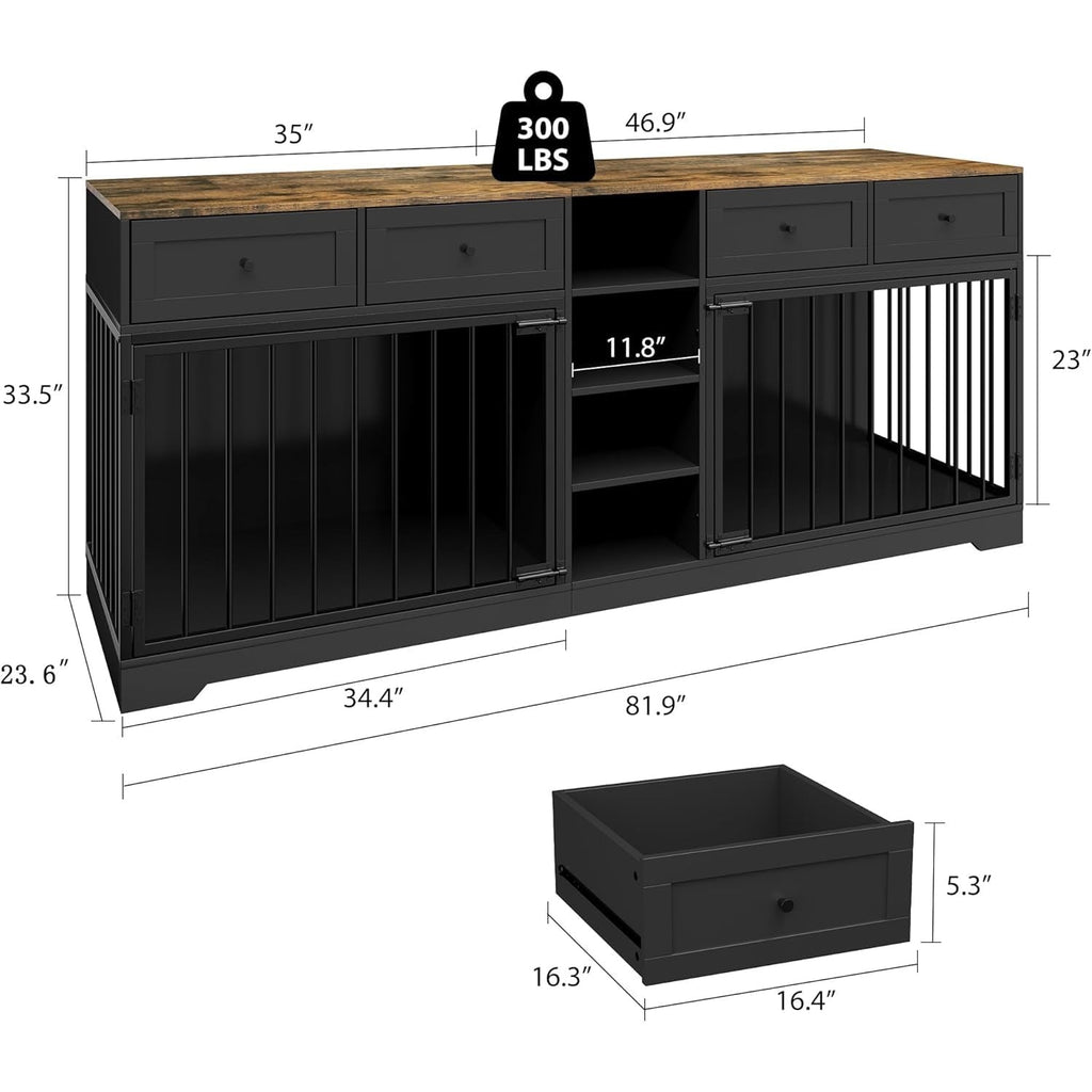 Garvee 82" Large Dog Crate for 2 Dogs, Dog Kennel Indoor with 4 Drawers and Shelves, Heavy Duty Double Dog Crate Furniture TV Stand, Wooden Dog Cage for Medium Large Dogs, Black+Brown