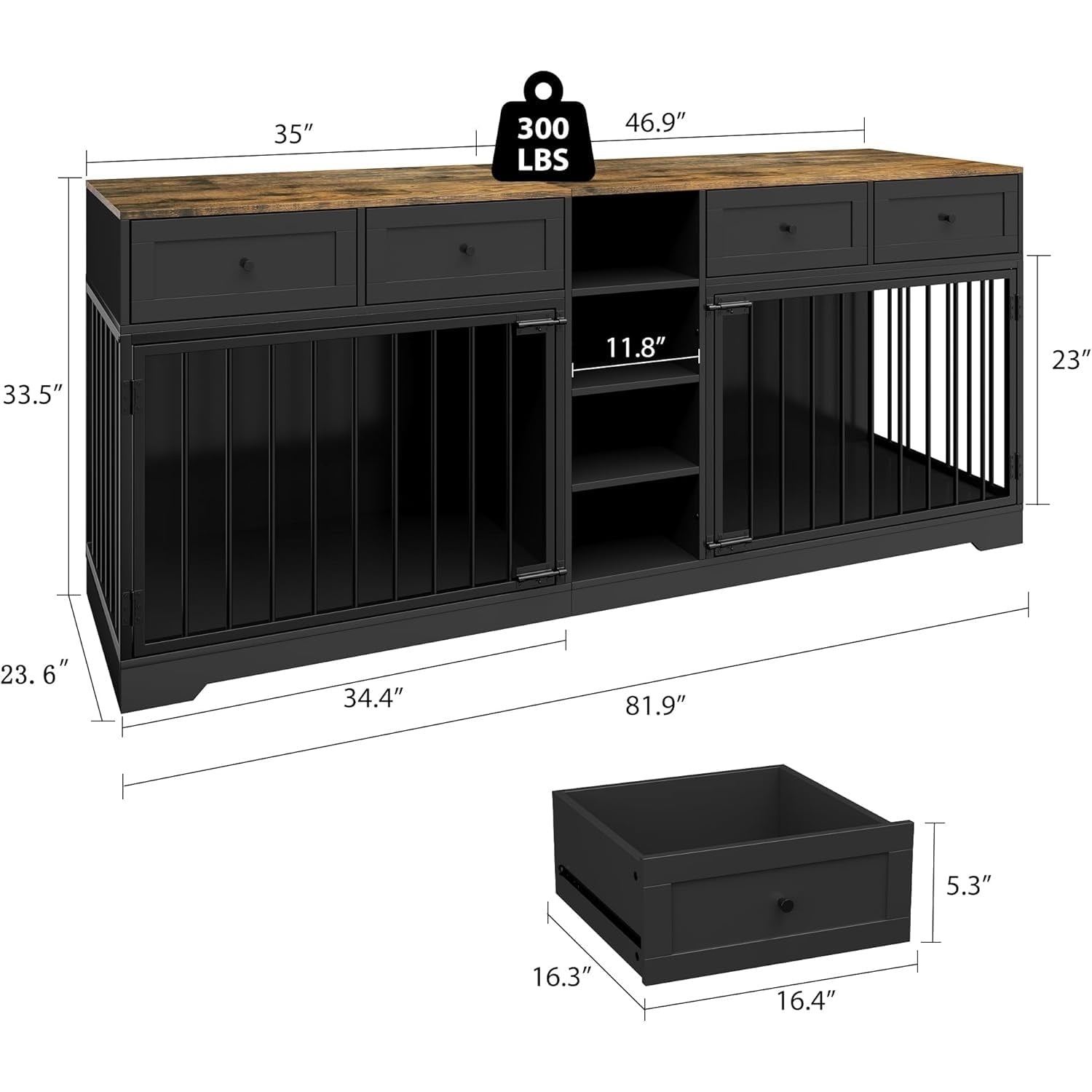 Garvee 82" Large Dog Crate for 2 Dogs, Dog Kennel Indoor with 4 Drawers and Shelves, Heavy Duty Double Dog Crate Furniture TV Stand, Wooden Dog Cage for Medium Large Dogs, Black+Brown