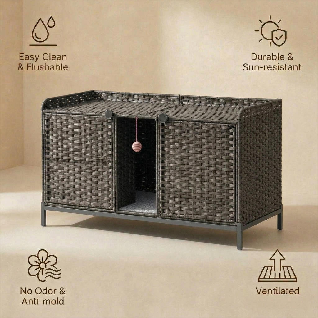 Garvee Handwoven Rattan Cat Litter Box Enclosure - Hidden Cat Washroom Cabinet with Door, Mat & S-Shaped Hooks - Spacious Stylish Cat Furniture for Living Room or Bedroom - Gray