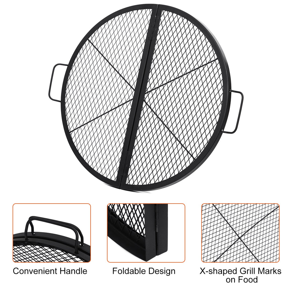 Garvee 30.5-inch Round Foldable Fire Pit Grate, 44lbs Load Capacity Heavy Duty Carbon Steel Grill Grate with Handles, 1112°F Heat Resistant Cooking Mesh for Outdoor Camping, Black