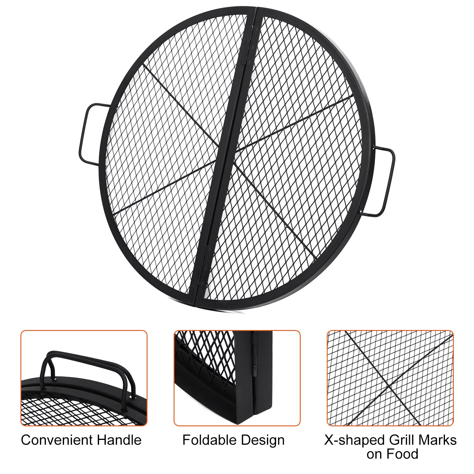 Garvee 30.5-inch Round Foldable Fire Pit Grate, 44lbs Load Capacity Heavy Duty Carbon Steel Grill Grate with Handles, 1112°F Heat Resistant Cooking Mesh for Outdoor Camping, Black