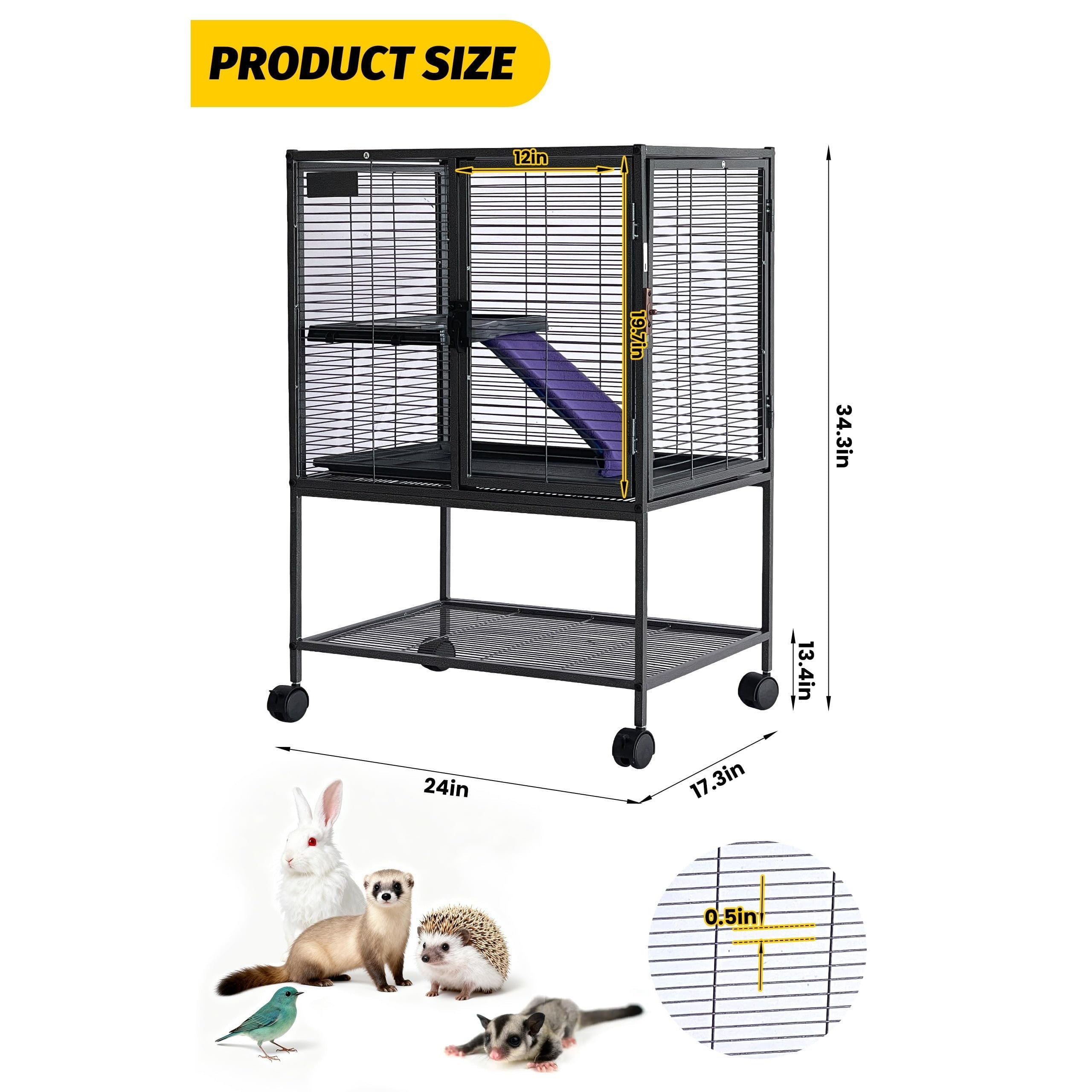 Garvee 34in Multi-Level Metal Small Animal Cage with Removable Tray & Lockable Doors, BPA-Free Wire, Soft Ramps & Hammock, Wheels & Storage Shelf, Indoor Use for Ferrets & Rabbits