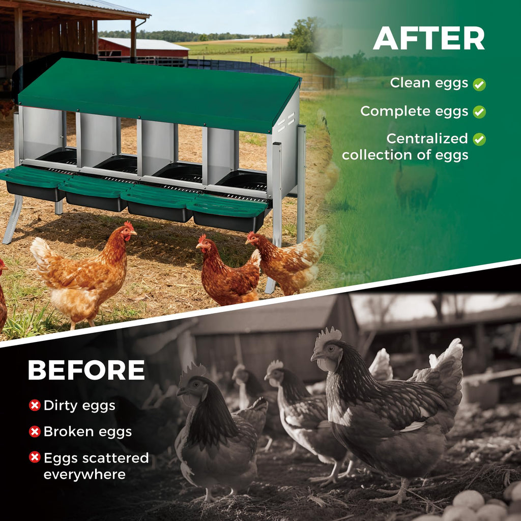 Garvee Heavy-Duty 4-Compartment Chicken Nesting Box – Roll Away Egg Collection Tray, Galvanized Steel (Green)