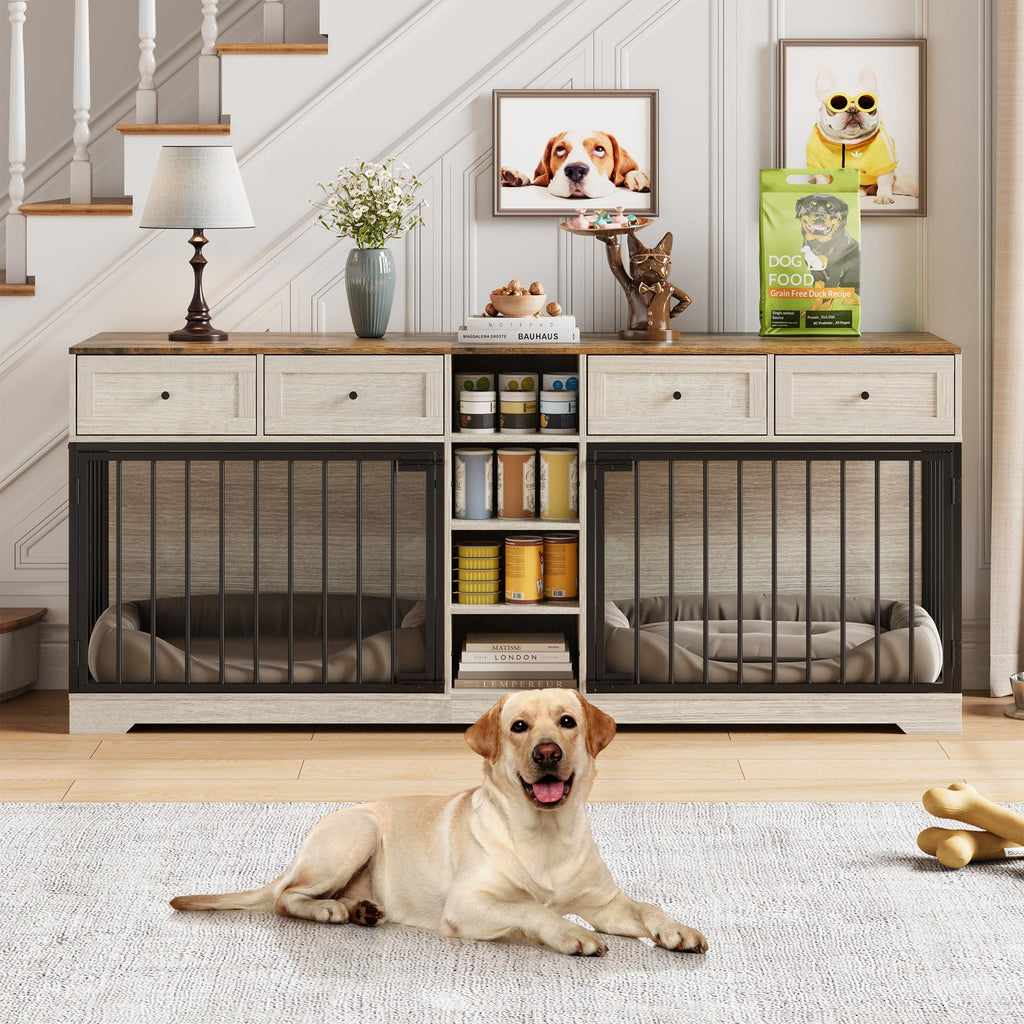 Garvee 82" Large Dog Crate for 2 Dogs, Dog Kennel Indoor with 4 Drawers and Shelves, Heavy Duty Double Dog Crate Furniture TV Stand, Wooden Dog Cage for Medium Large Dogs, Washed White