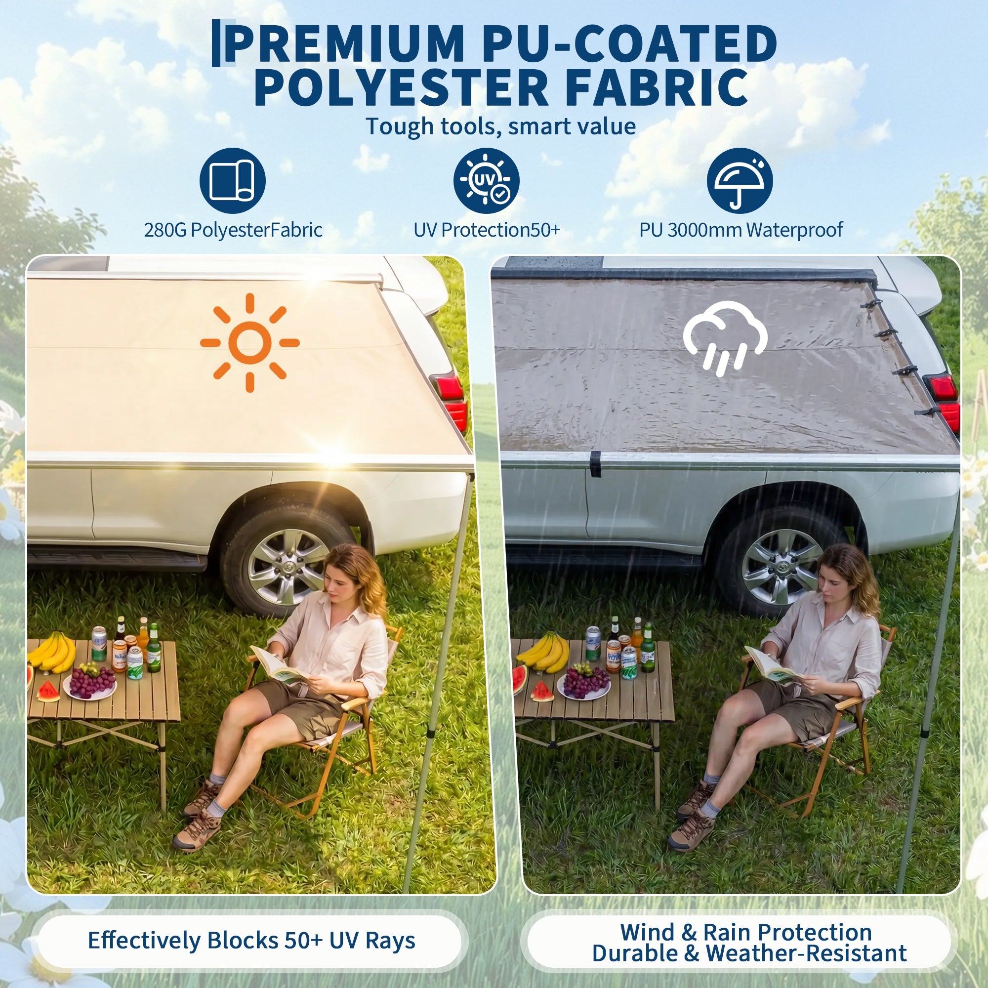 Garvee SUV Truck Van Roof Rack Awning - Retractable Side Sun Shade, UV50+ 600D Oxford Waterproof Canopy, Height Adjustable Poles, Outdoor Camping Shelter with Storage Bag, 150x200cm, Khaki