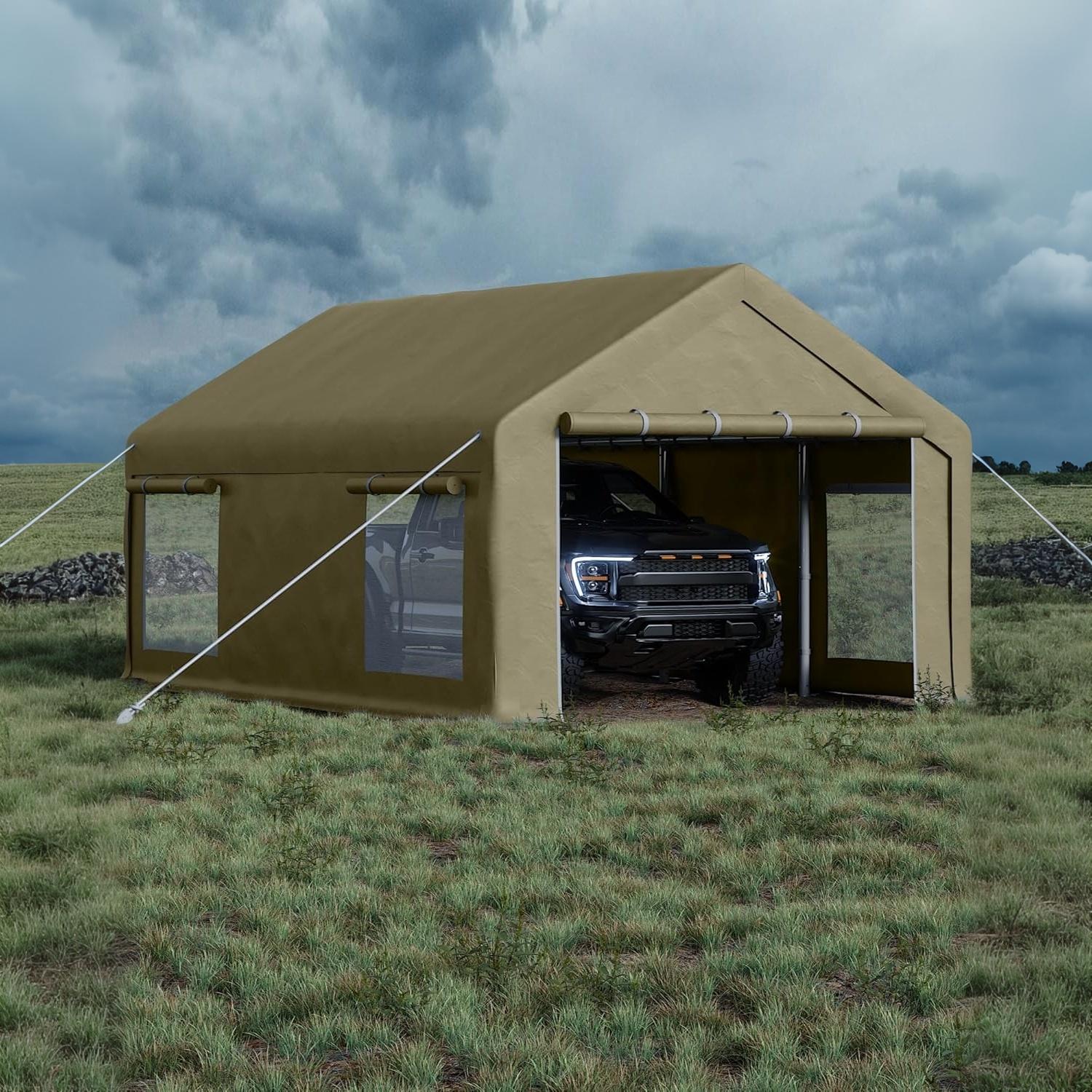 Garvee 10' × 20' Portable Garage, 200 GSM PE Carport Canopy with 2 Roll-Up Doors, 4 Mesh Windows, Galvanized Steel Frame, Khaki
