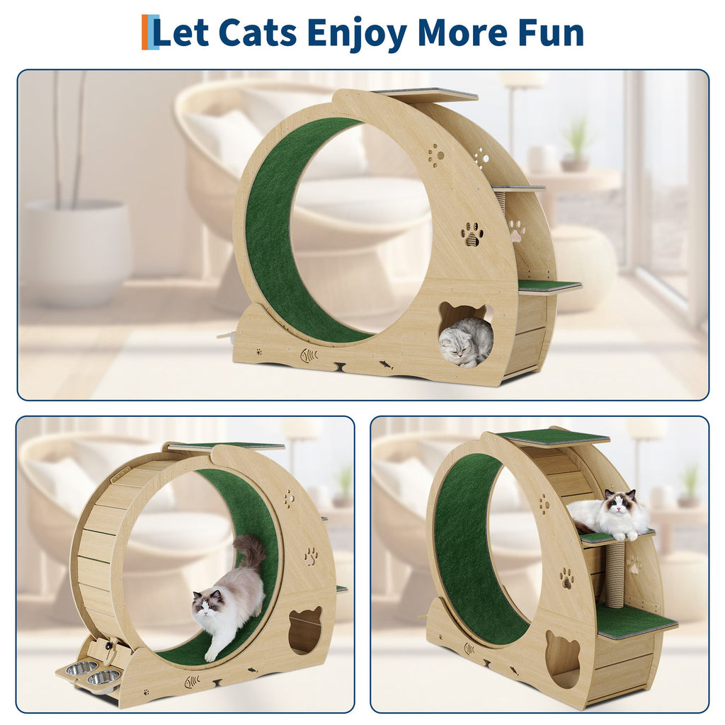 Garvee Large Cat Exercise Wheel for Indoor Cats - 4-in-1 Treadmill with Grazeing Post, 3-Level Jumping Tower & Carpeted Fashion Show - Quiet Spinner for Fitness & Entertainment - Wood Color