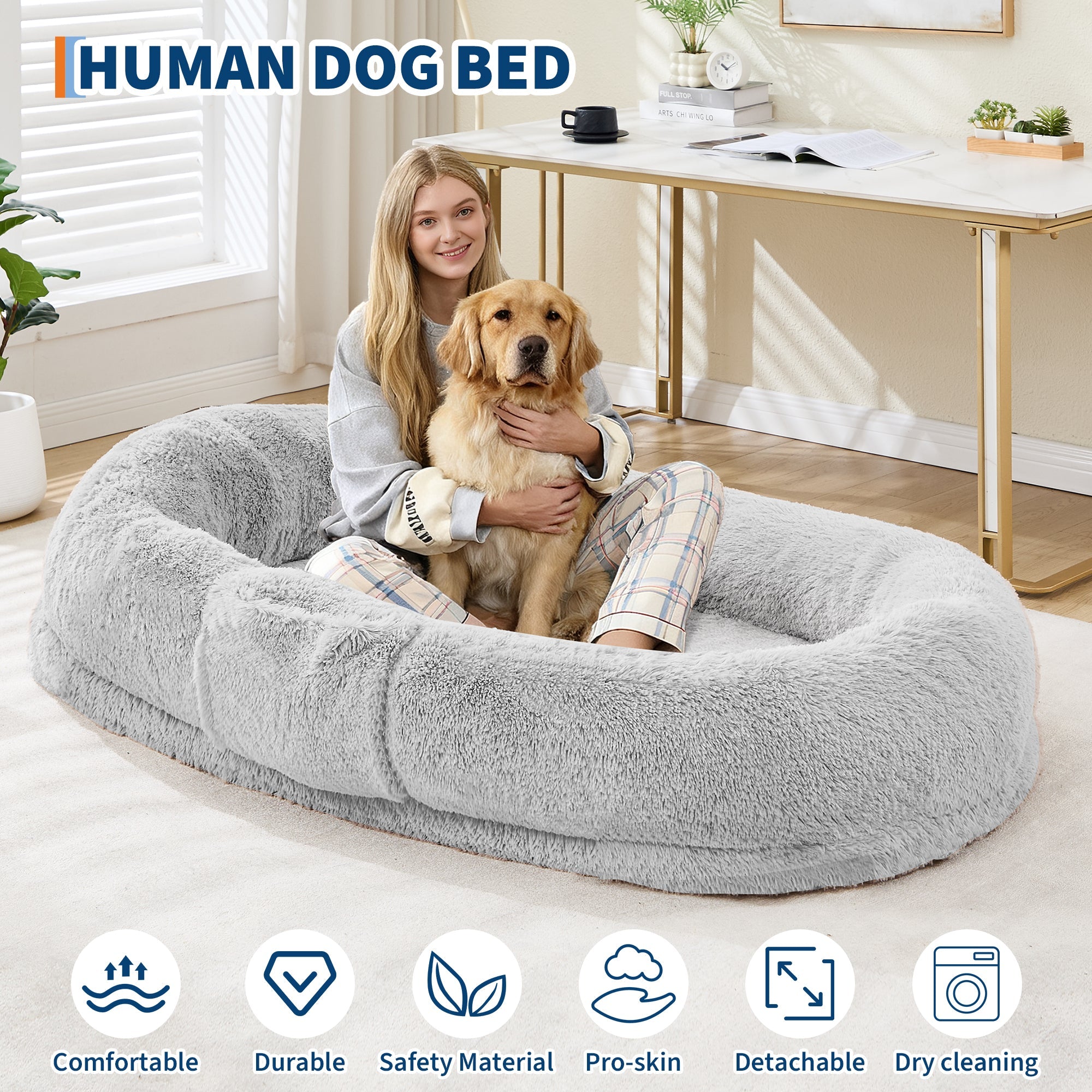 Garvee Orthopedic Memory Foam Dog Bed for Adults & Large Dogs – Oversized Calming Bean Bag Couch, Washable Faux Fur Cover, Side Pocket, Waterproof, Relaxing Nap Bed for Bedroom or Office – Light Gray