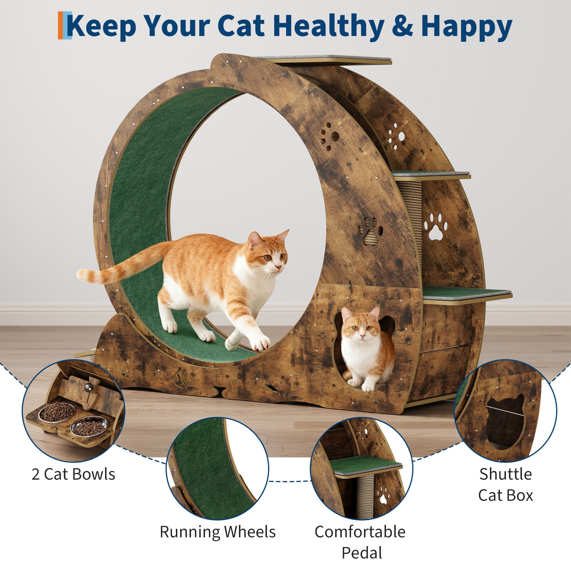 Garvee Large Cat Exercise Wheel for Indoor Cats - 3-Tier Climbing Tower with Built-in Graze Post & Carpeted Fashion Show - Quiet Spinner for Training & Obesity Prevention - Vintage Brown