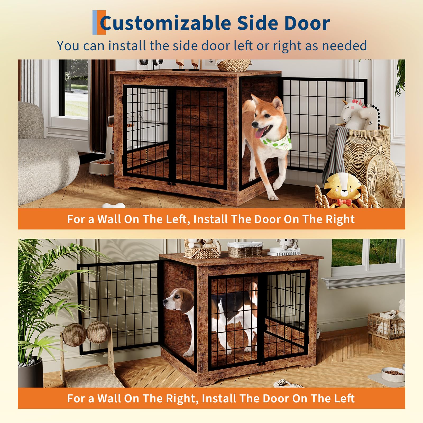Garvee 32 in Heavy Duty Dog Crate Furniture Rustic Wooden Dog Cage Kennel Indoor Furniture with 2 Rotating Dog Bowls Chew-Resistant Dog Kennel for Small, Medium Dogs