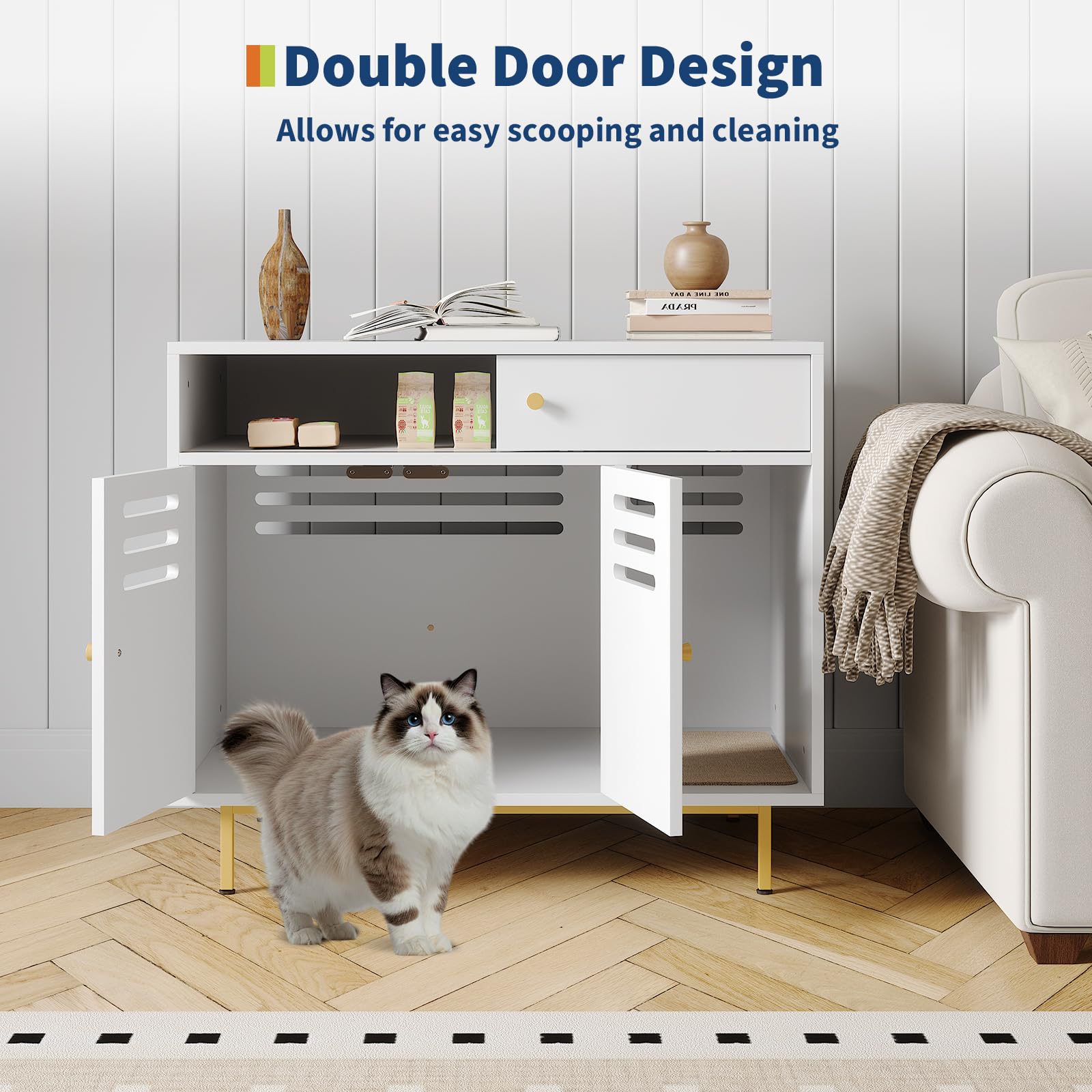 Garvee Modern Cat Litter Box Enclosure Furniture – Hidden Storage, Barn Door, Drawers & Shelves, Ventilated, Dog Proof, Cat Washroom Side Table – Fits Most Litter Boxes – White