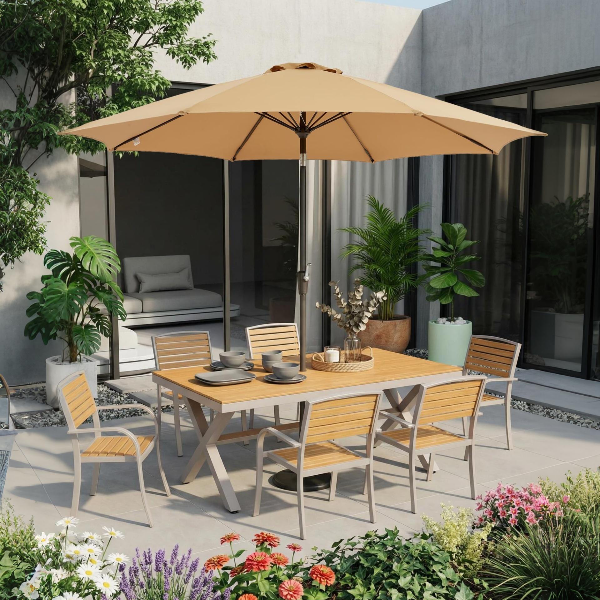 Garvee 10FT Outdoor Patio Umbrella, Outdoor Table Umbrella with Push Button Tilt and Crank, Market Umbrella with 8 Sturdy Ribs, UV Protection Waterproof for Garden Backyard Deck Pool, Brown