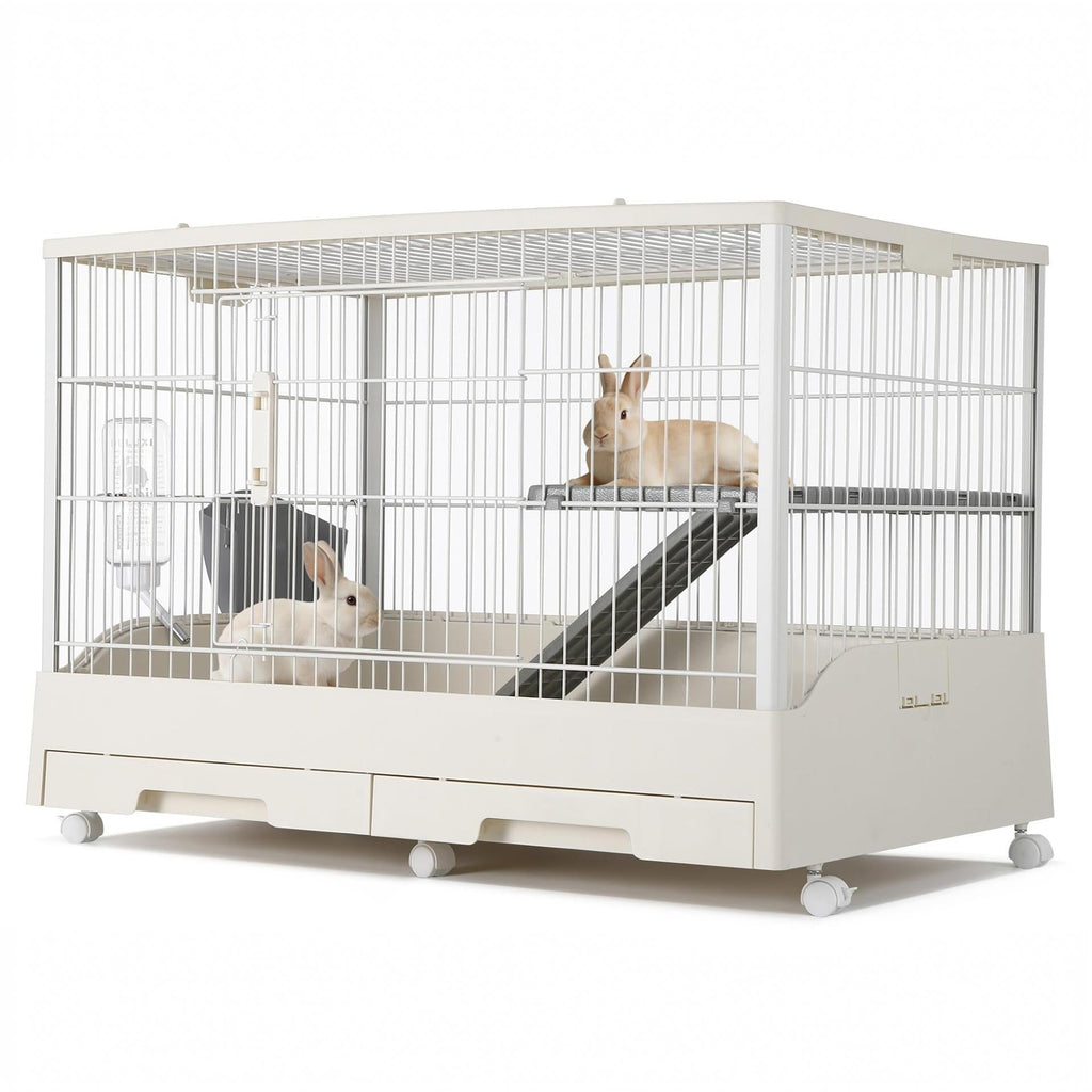 Garvee Small Animal Cage, Durable Large Rabbit Hutch, 33“ Small Animal Cage with 2 Removable Tray, Ramp, 6 Casters, Water & Hay Feeder, Indoor & Out Door Use for Rabbit, Hamster
