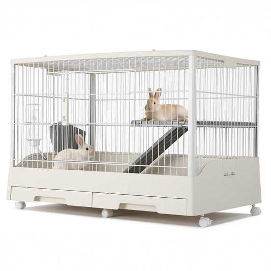 Garvee Small Animal Cage, Durable Large Rabbit Hutch, 33“ Small Animal Cage with 2 Removable Tray, Ramp, 6 Casters, Water & Hay Feeder, Indoor & Out Door Use for Rabbit, Hamster