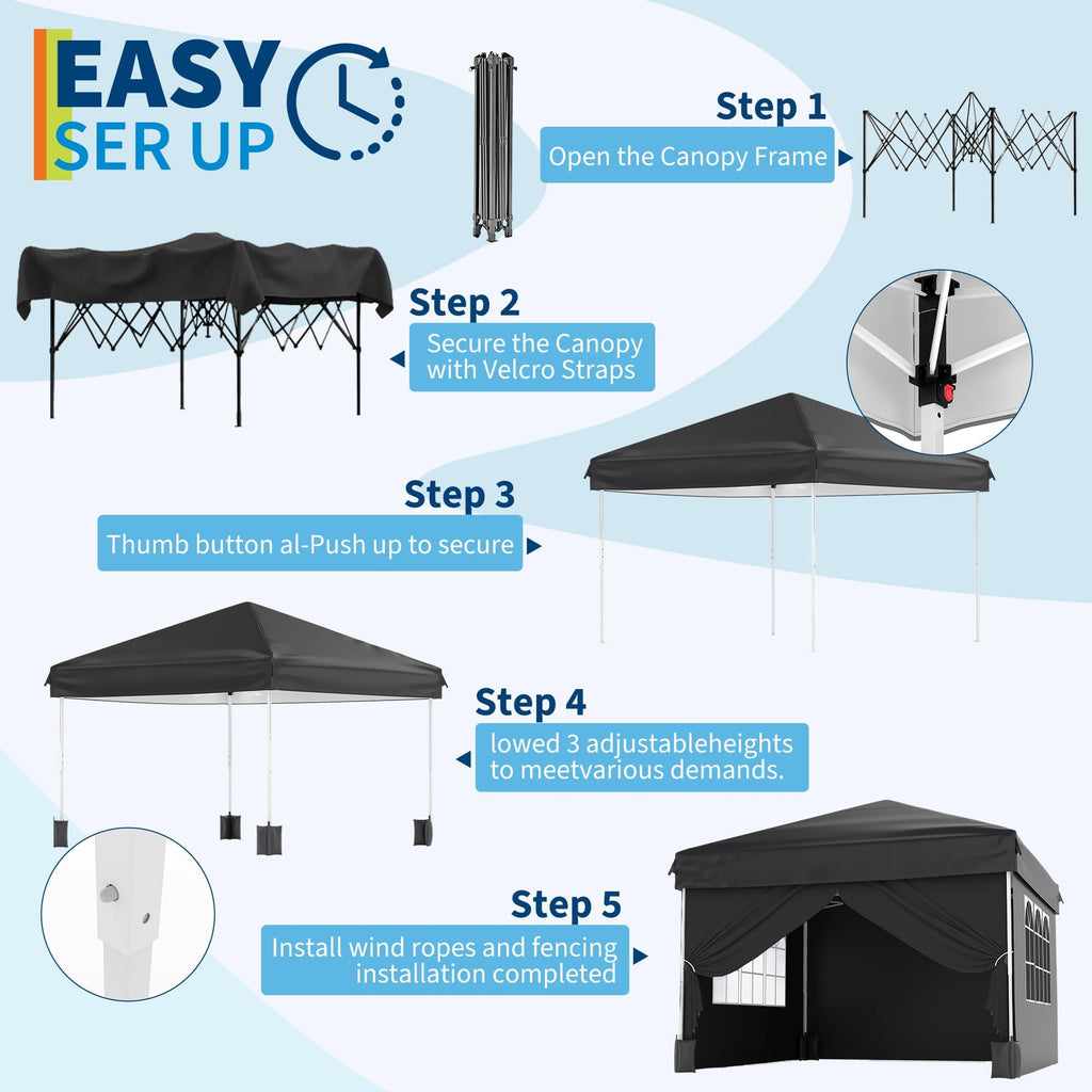 Garvee Pop Up Gazebo, 10 x 10 FT Steel Frame Canopy with 4 Removable Sidewalls, Mesh Windows and Zipper Doors for Parties and Backyard Events, Black