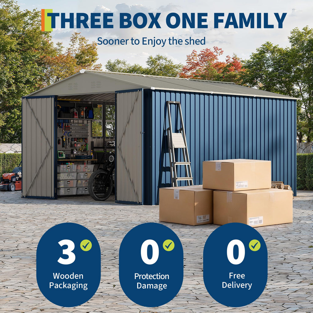 Garvee 10 x 12 FT Metal Outdoor Storage Shed, Weather-Resistant Galvanized Steel Tool House with Lockable Double Doors, Grid Window, Vents & Gable Roof, Navy Blue