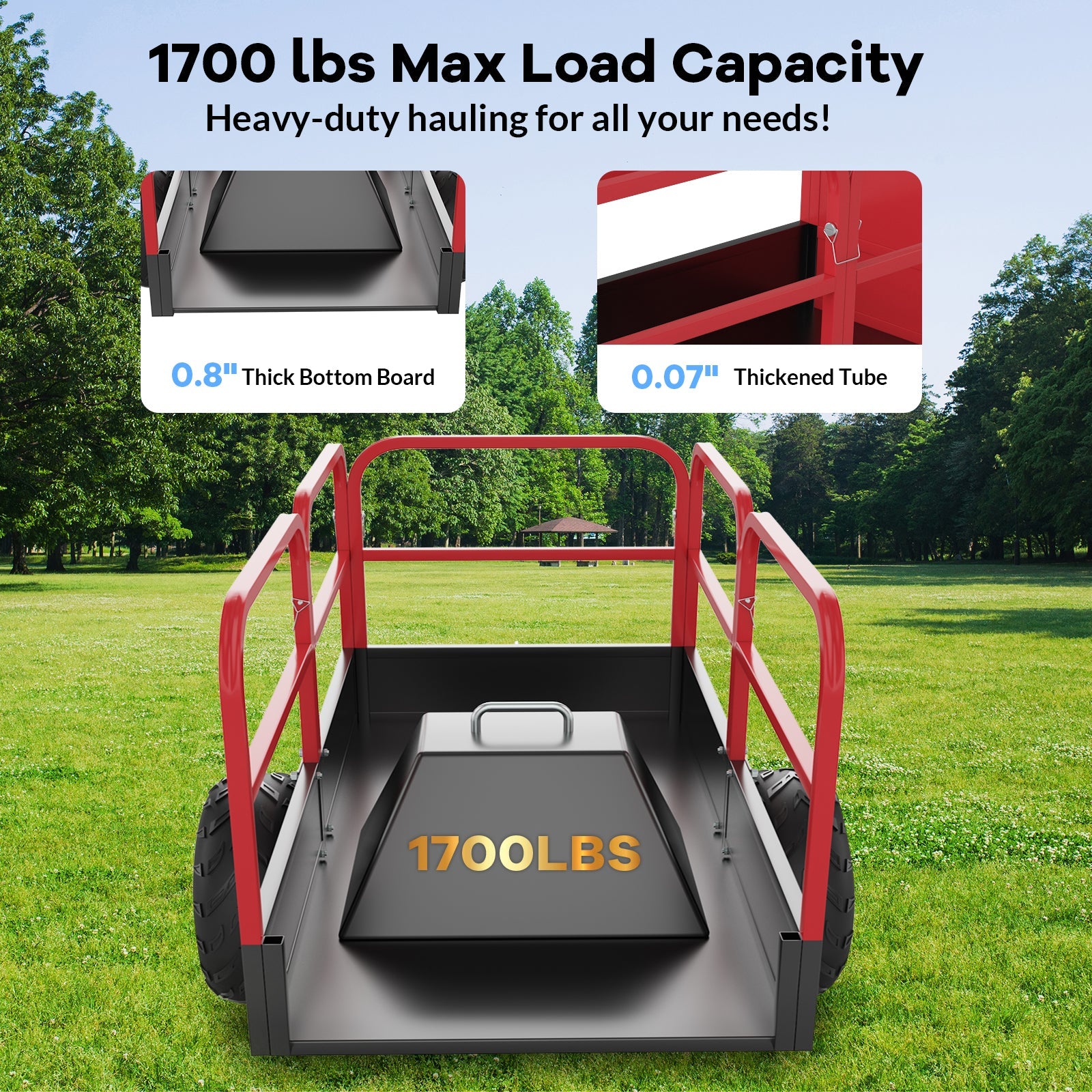 Garvee Tow-Behind Dump Cart, 1700 lb Capacity, 17 cu. ft. Steel Utility Trailer with 16" Pneumatic Tires, 45° Dump, Removable Sides and Tailgate for ATV, UTV and Lawn Tractor, Red