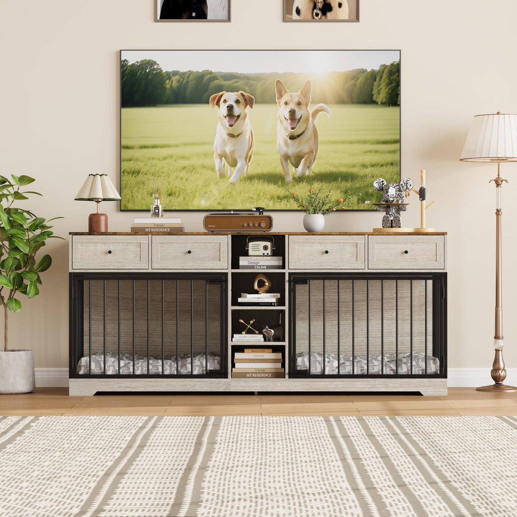 Garvee 82" Large Dog Crate for 2 Dogs, Dog Kennel Indoor with 4 Drawers and Shelves, Heavy Duty Double Dog Crate Furniture TV Stand, Wooden Dog Cage for Medium Large Dogs, Washed White