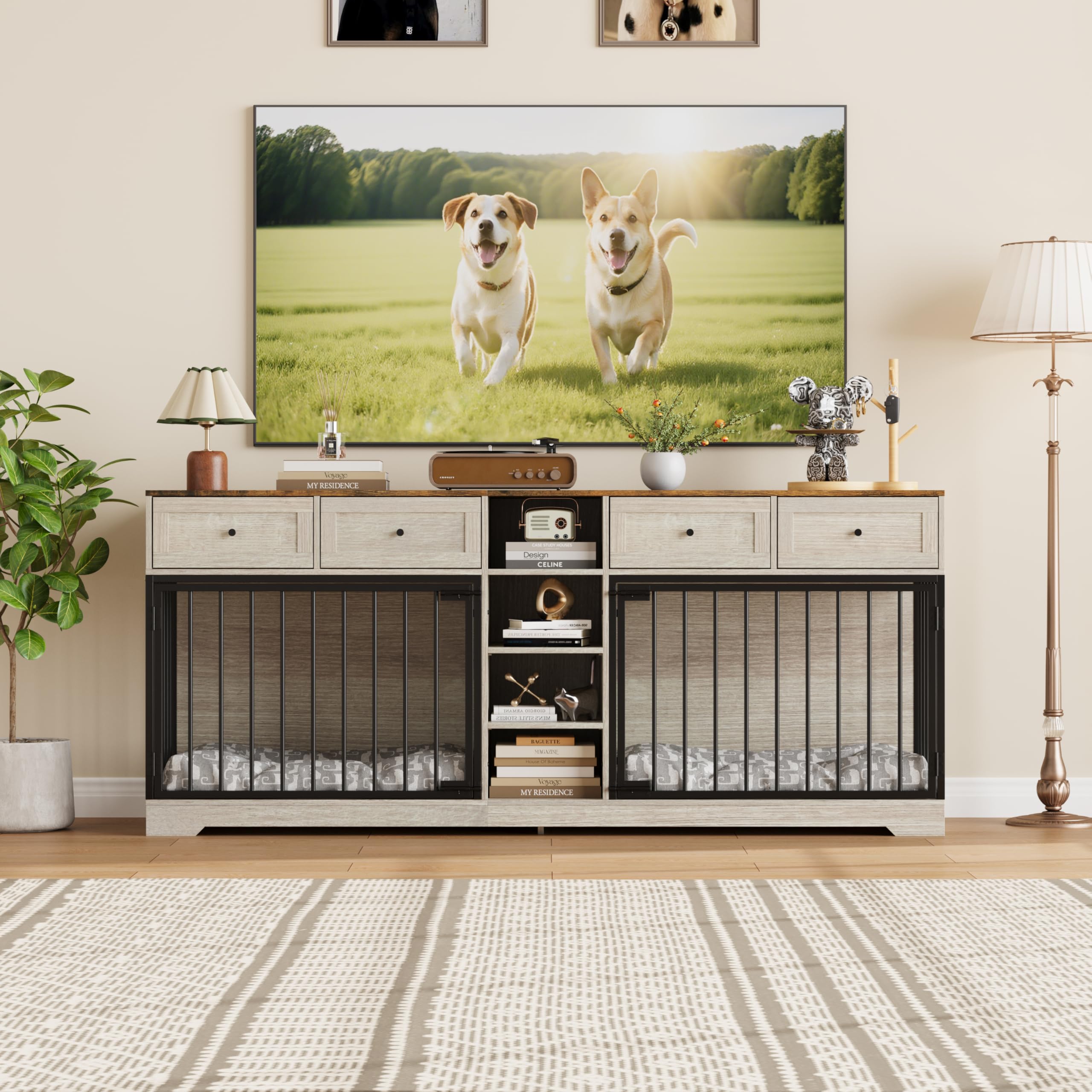 Garvee 82" Large Dog Crate for 2 Dogs, Dog Kennel Indoor with 4 Drawers and Shelves, Heavy Duty Double Dog Crate Furniture TV Stand, Wooden Dog Cage for Medium Large Dogs, Washed White