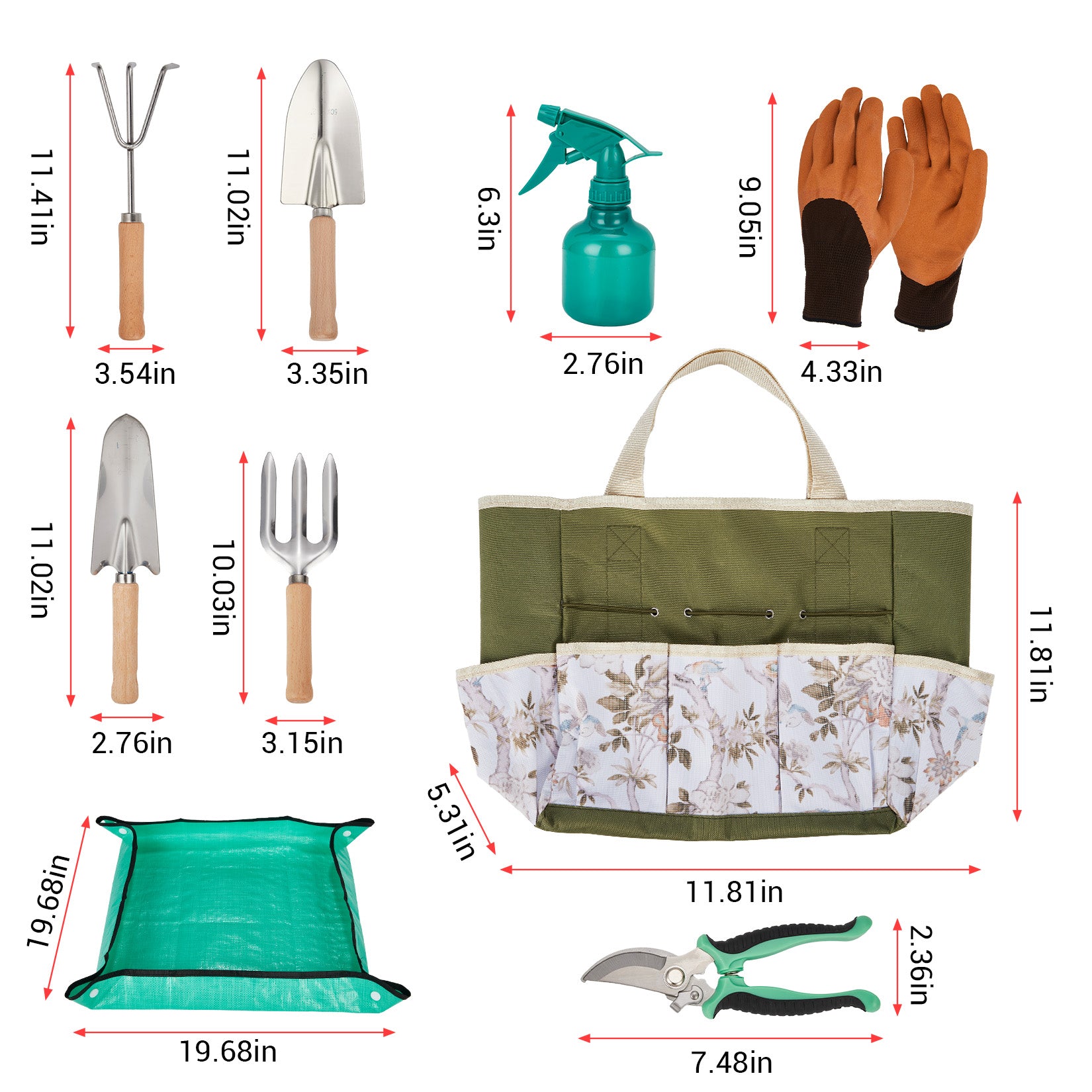 Garvee 10-Piece Garden Tool Set, Heavy Duty Stainless Steel Hand Tools with Wooden Handles, Includes Pruning Shears, Gloves, Tote Bag & Repotting Mat – Gardening Kit for Planting, Weeding & Gift Use