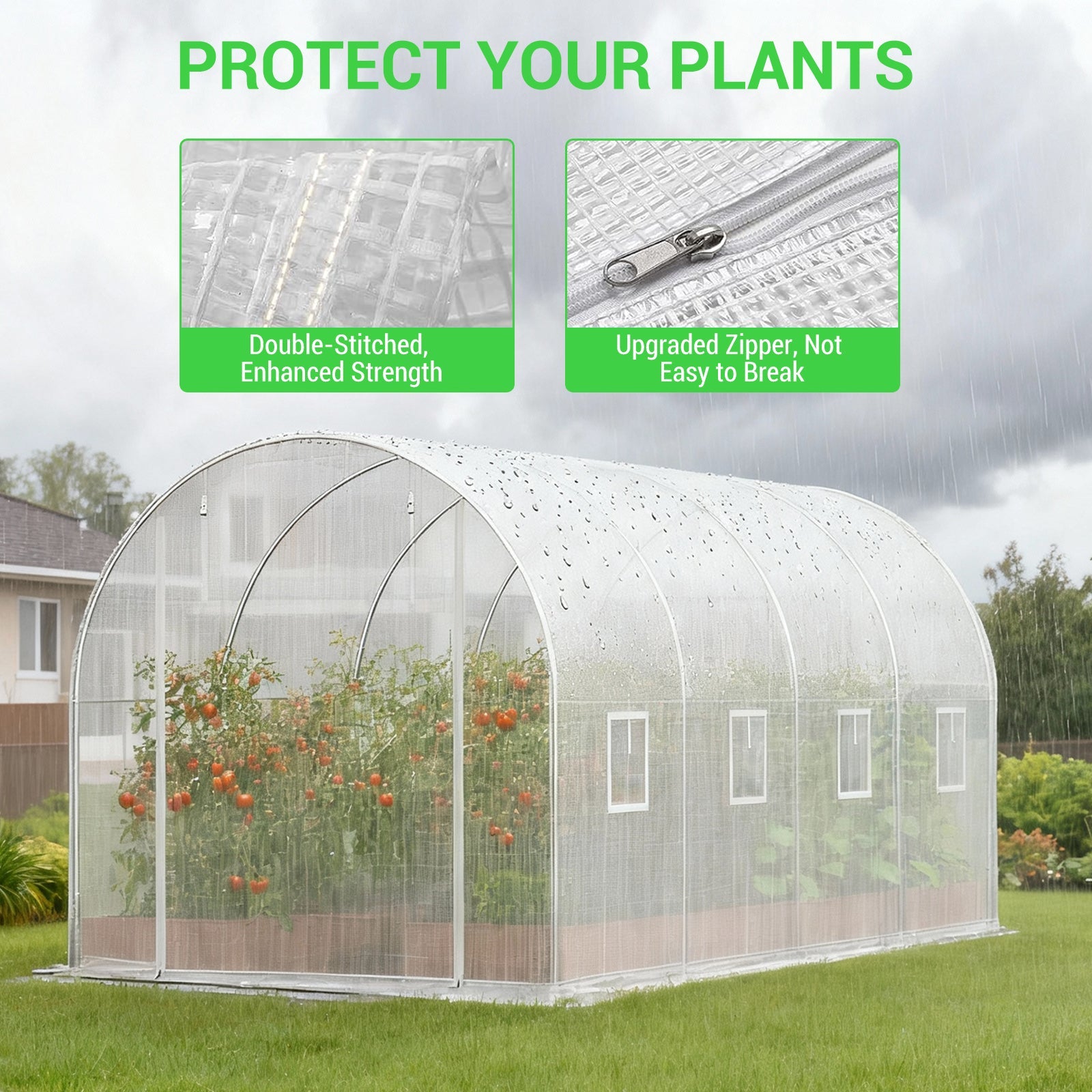 Garvee 14.6 x 6.4 x 6.3 FT Walk-In Tunnel Greenhouse, 140 GSM White PE Cover with Zippered Screen Door, 8 Roll-Up Windows & Galvanized Steel Frame