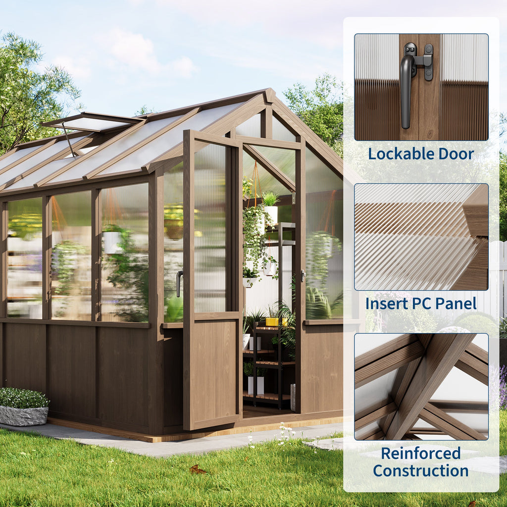 Garvee 6x10 Walk-In Wooden Greenhouse, Heavy Duty Spruce Frame with Polycarbonate Panels, Adjustable Roof Vents & Lockable Door, Outdoor Garden Greenhouse for Backyard, Patio and Lawn, Vintage Color