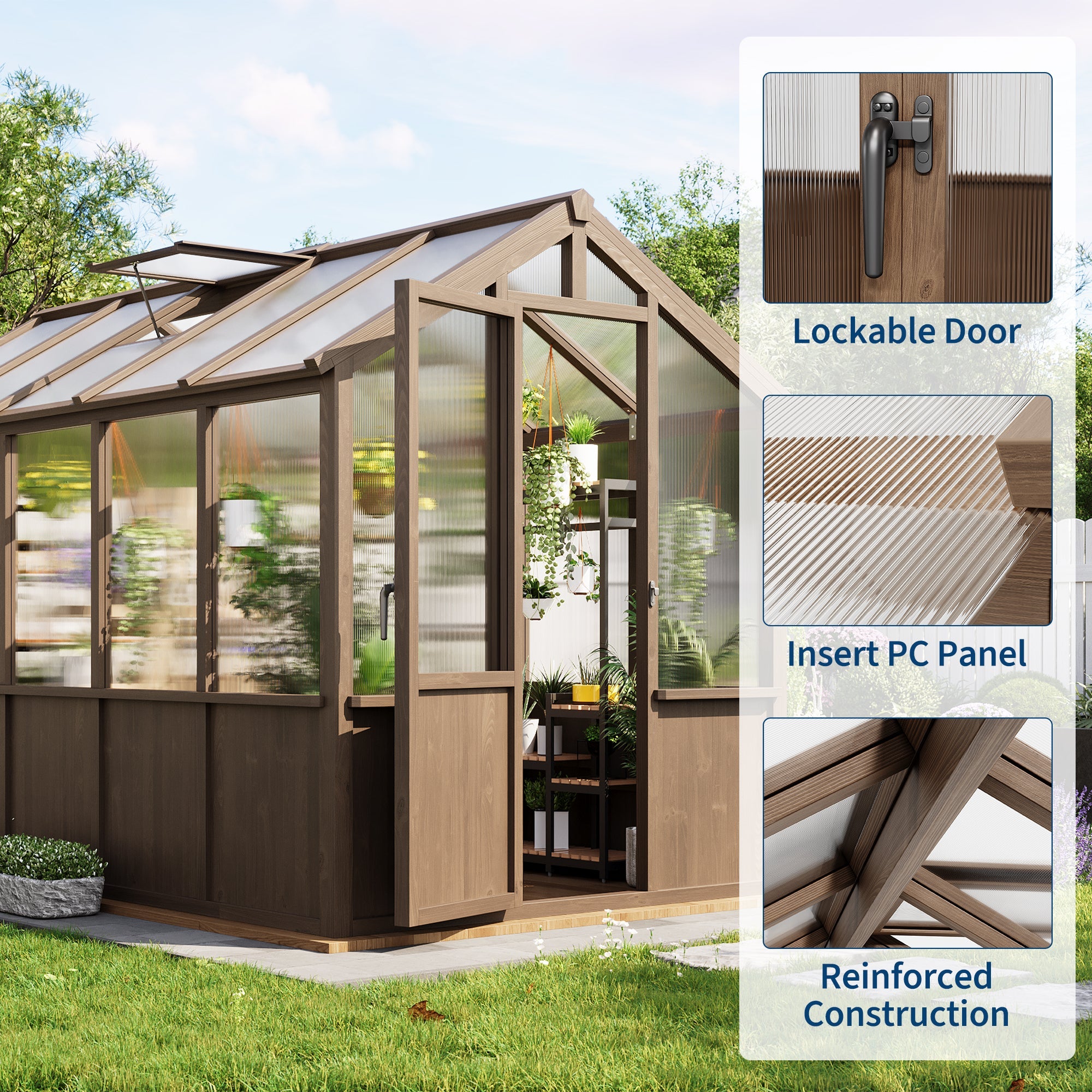 Garvee 6x10 Walk-In Wooden Greenhouse, Heavy Duty Spruce Frame with Polycarbonate Panels, Adjustable Roof Vents & Lockable Door, Outdoor Garden Greenhouse for Backyard, Patio and Lawn, Vintage Color