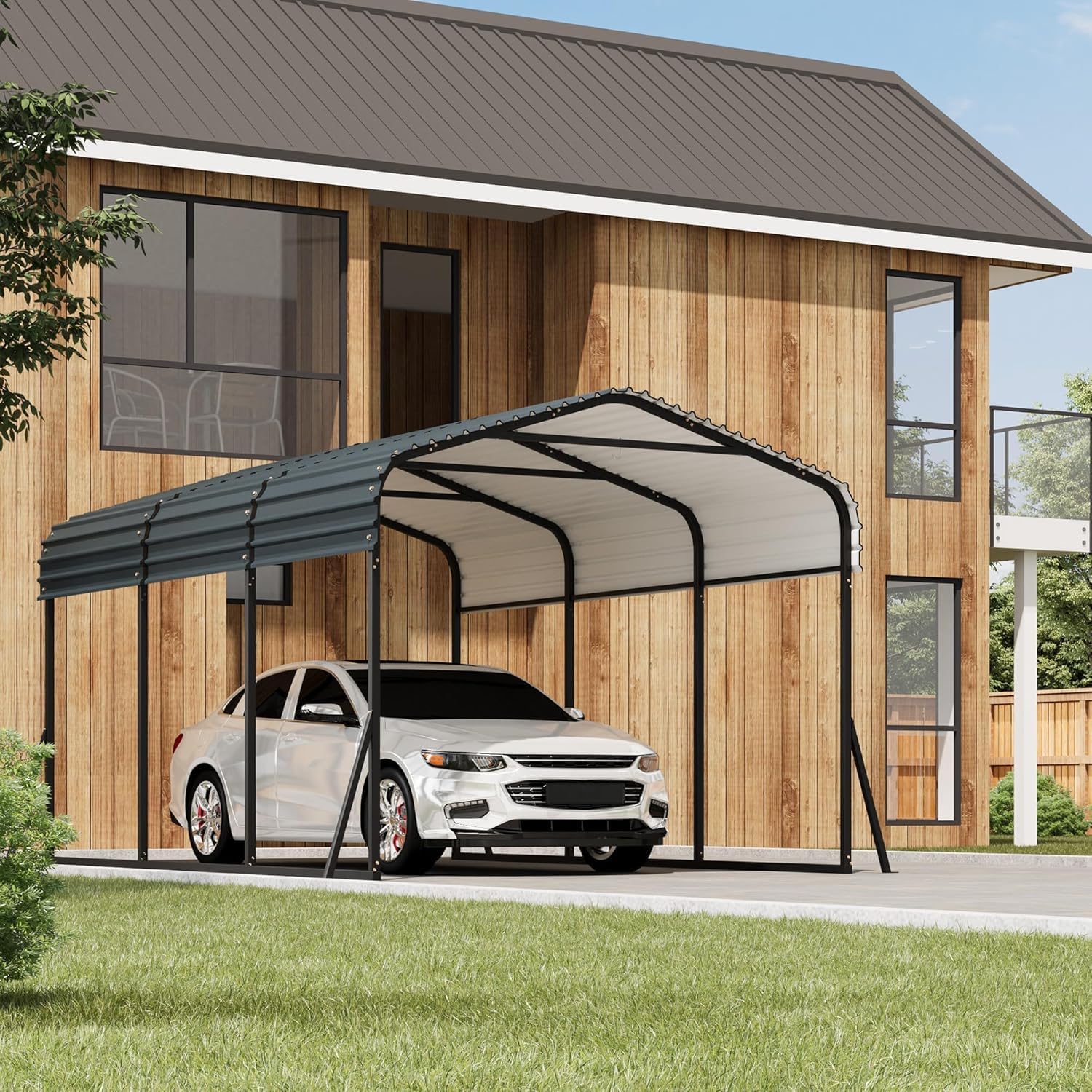 Garvee Heavy Duty 10x15 FT Metal Carport – Outdoor Garage Shelter with Galvanized Steel Roof, Reinforced Base, for SUV, Truck, Boat, Storage – Gray