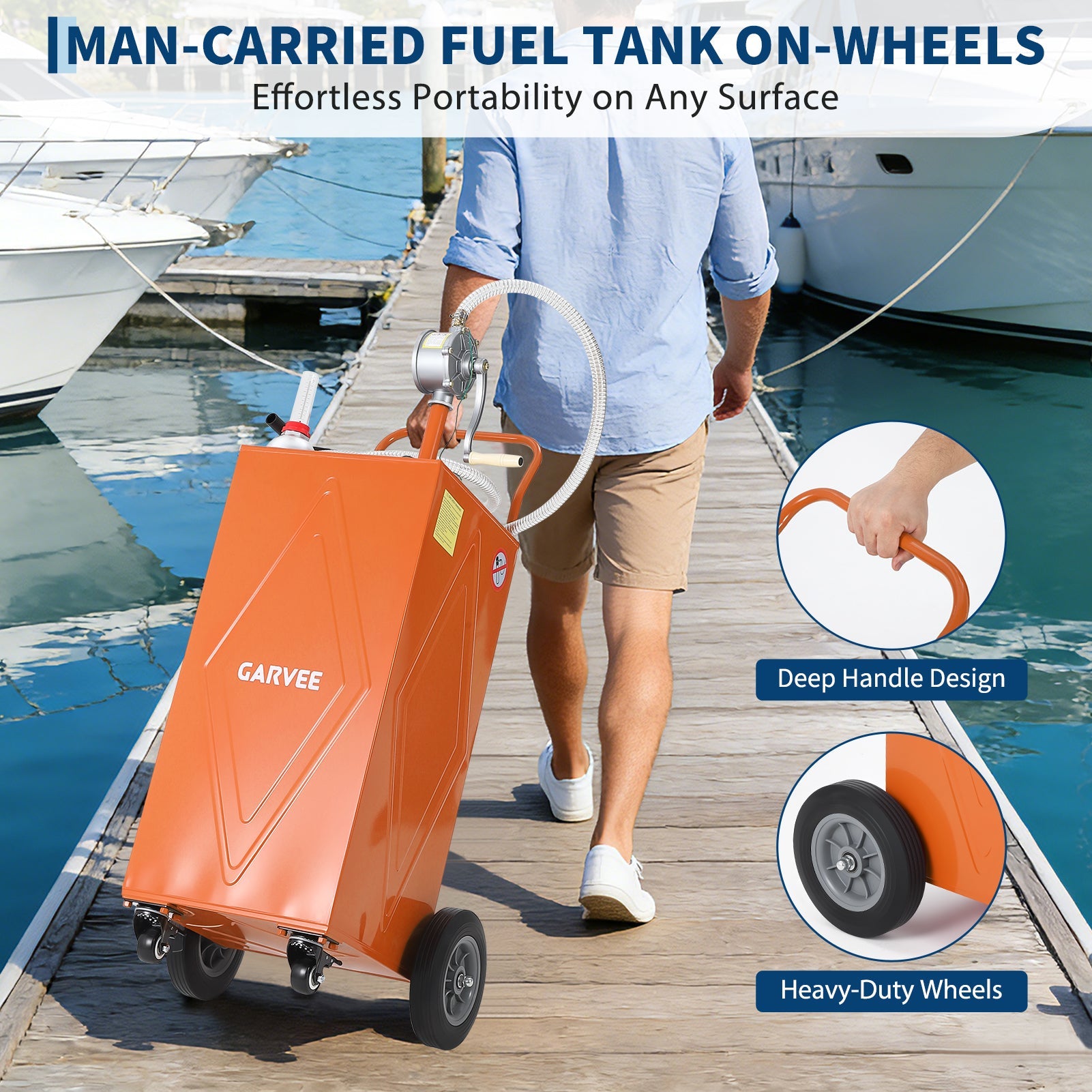 Garvee 35 Gallon Heavy-Duty Steel Fuel Caddy with Manual Rotary Pump – Mobile Gasoline & Fuel Injector Transfer Tank on Reinforced 4 All-Terrain Wheels – Portable Storage Container for Trucks, Boats, ATVs, Lawn Mowers, Farm Equipment – Orange – Reinforced