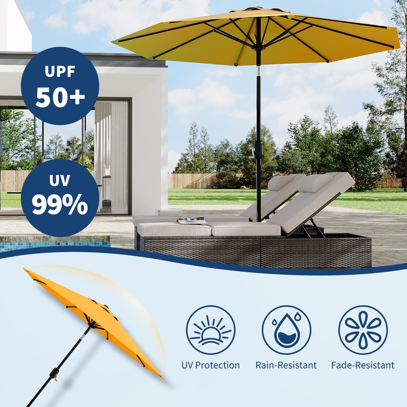 Garvee 10 ft Outdoor Patio Umbrella with 8 Sturdy Ribs, Crank Lift, Push-Button Tilt & UV-Resistant Waterproof Canopy for Garden, Deck, Pool & Yard, Yellow