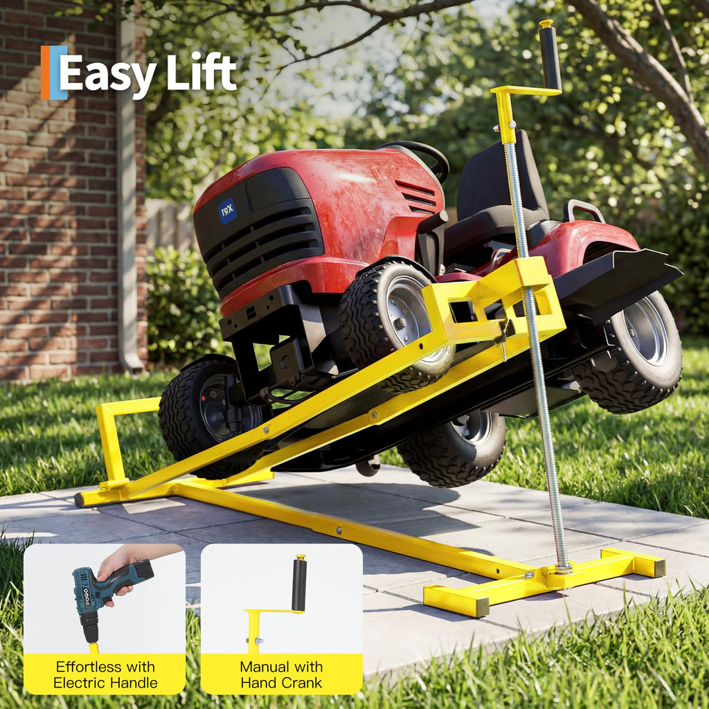 Garvee 880 lbs Heavy Duty Telescoping Lawn Mower Lift Jack - Manual Crank & Power Drill Compatible Hoist for Riding Tractors, Zero-Turn Mowers, & ATVs (Yellow)