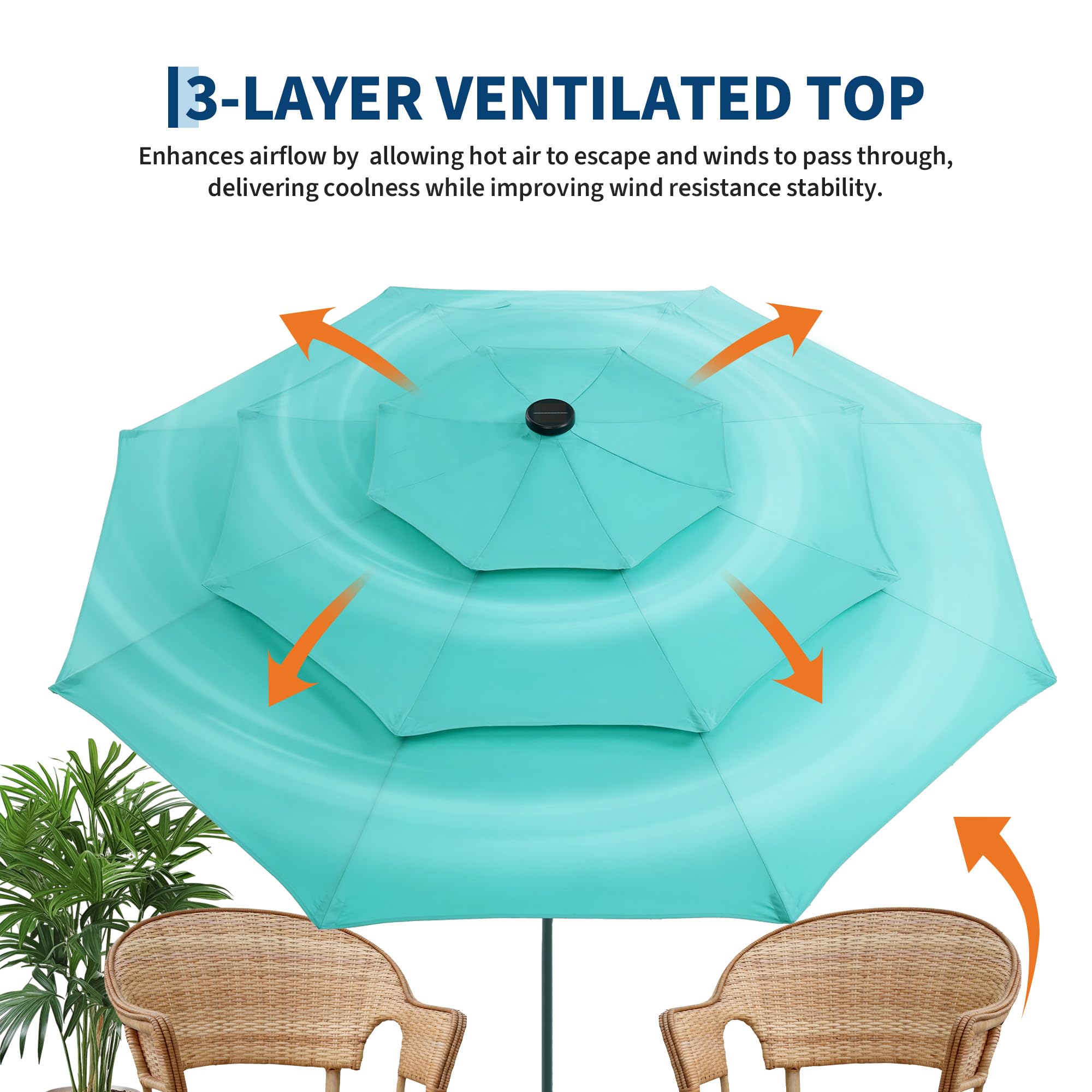 Garvee All-Weather 10ft 3-Tier Patio Umbrella with 24 LED Solar Lights – Vented Top, Easy Crank Tilt, 8 Reinforced Ribs, Outdoor Market Sunshade for Deck, Pool, or Garden – Turquoise Blue