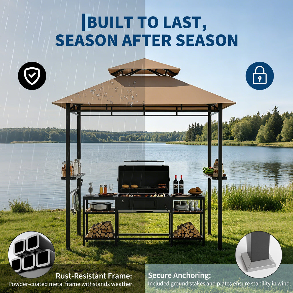 Garvee 8' x 5' Double-Tier Grill Gazebo, Waterproof BBQ Canopy Shelter with Vented Roof, 2 Side Shelves, 5 Hooks, Bottle Opener & UPF 100 UV Protection, Heavy-Duty Outdoor Patio Pavilion, Khaki