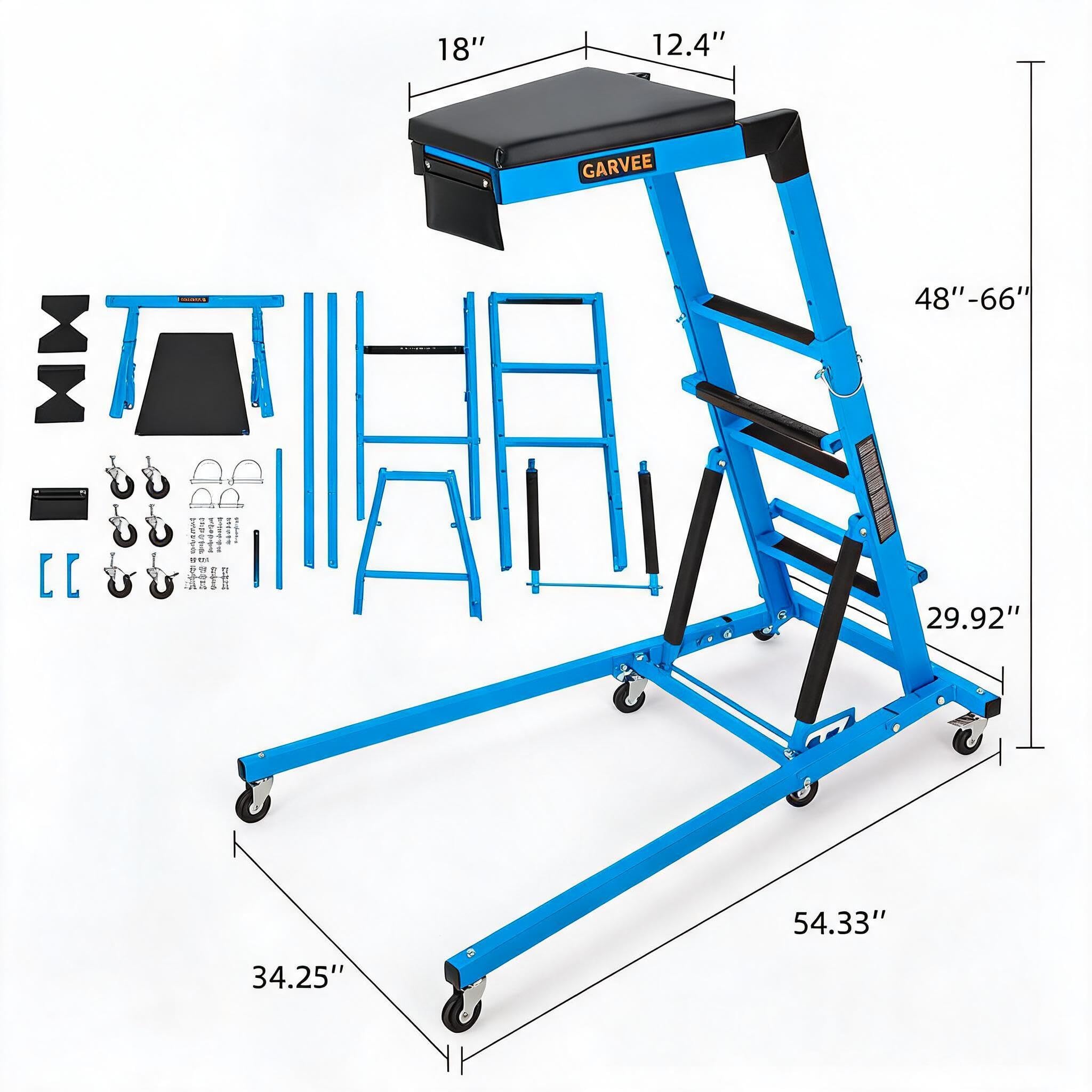 Garvee Heavy Duty Over-Engine Creeper for Mechanics – Adjustable Height 48-68 in, 400 lbs Capacity, Collapsible Design, 6 Swivel Casters, Rolling Mechanic Seat for Garage Workshop – Mechanical Blue (RAL 5015)