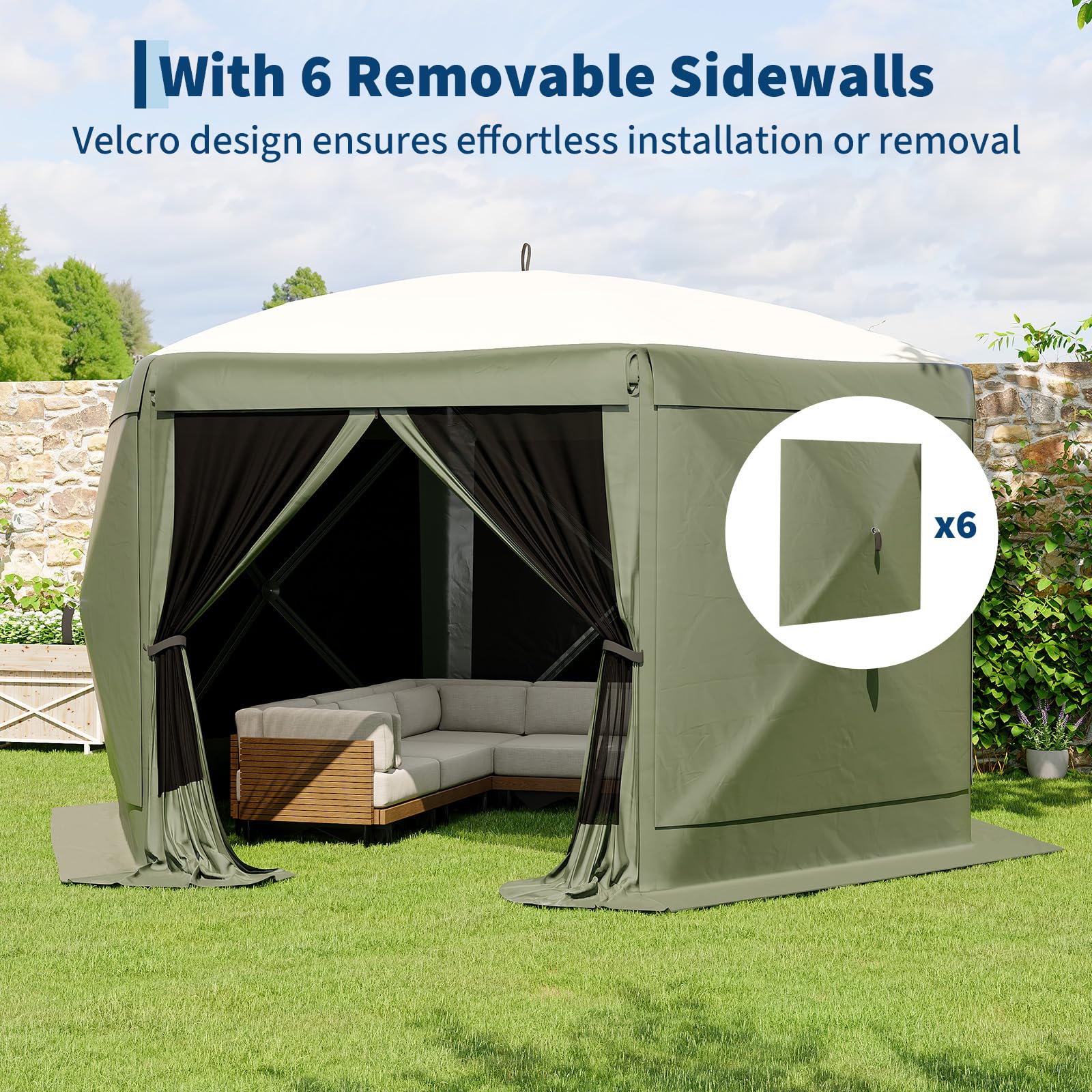 Garvee 11.7 ft Hexagon Screen Tent, 230 cm High Instant Pop Up Canopy with 6 Wind Panels, 210D Polyester Mesh Walls for Camping, Patio & Backyard, Green
