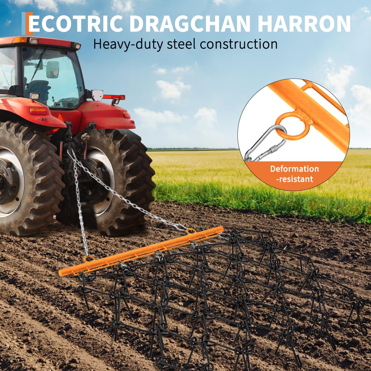 Garvee Heavy Duty 4 ft x 5.6 ft Chain Drag Harrow 3/8" Tines Compatible with Tractors ATV UTV Lawn Tractor Attachments for Leveling, Grading, Breaking Up Soil, Garden Towing, Field, Yard, Farm