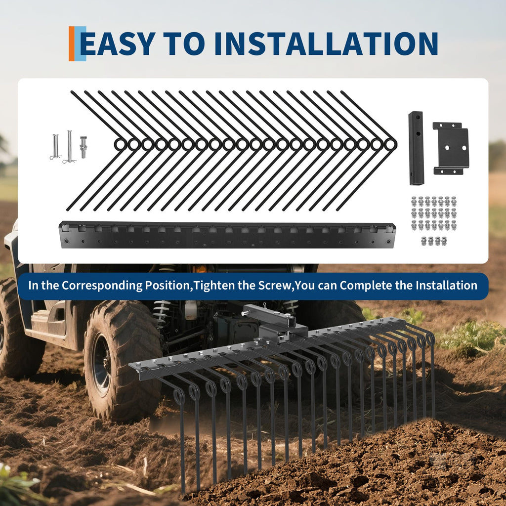 Garvee Heavy-Duty Pine Straw Landscape Rake – 60-Inch Powder-Coated Steel, 21 Coil Season Tines, 2-Inch Receiver Hitch Compatible with Lawn Tractors, ATV, UTV